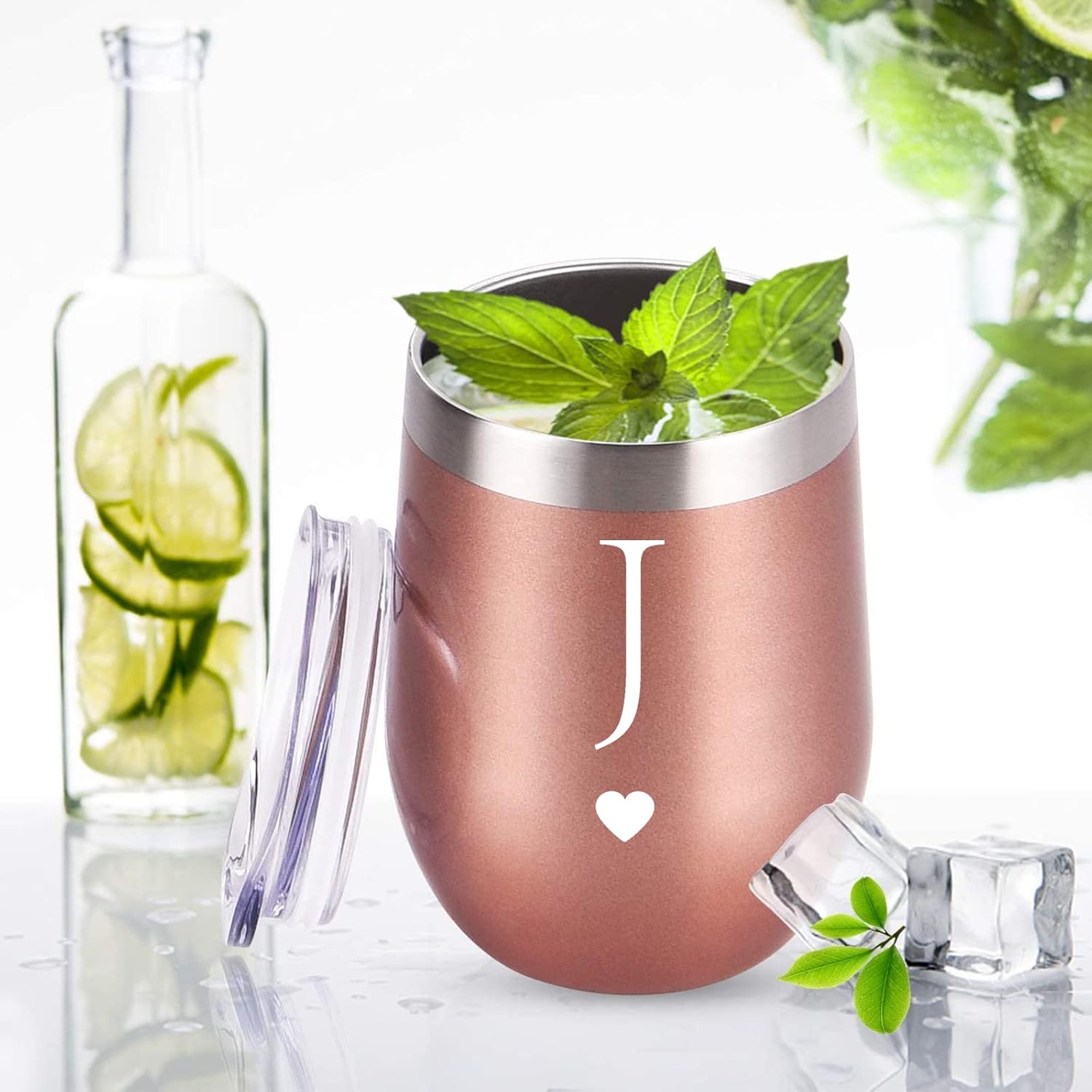 Personalized Initial Gifts 12 Ounces Stainless Steel Wine Tumbler with Straw Brush Rose Gold Insulted Mug Wedding Bridesmaid Birthday Graduation Gift for Men Women Monogrammed Gift (J) - Image 4