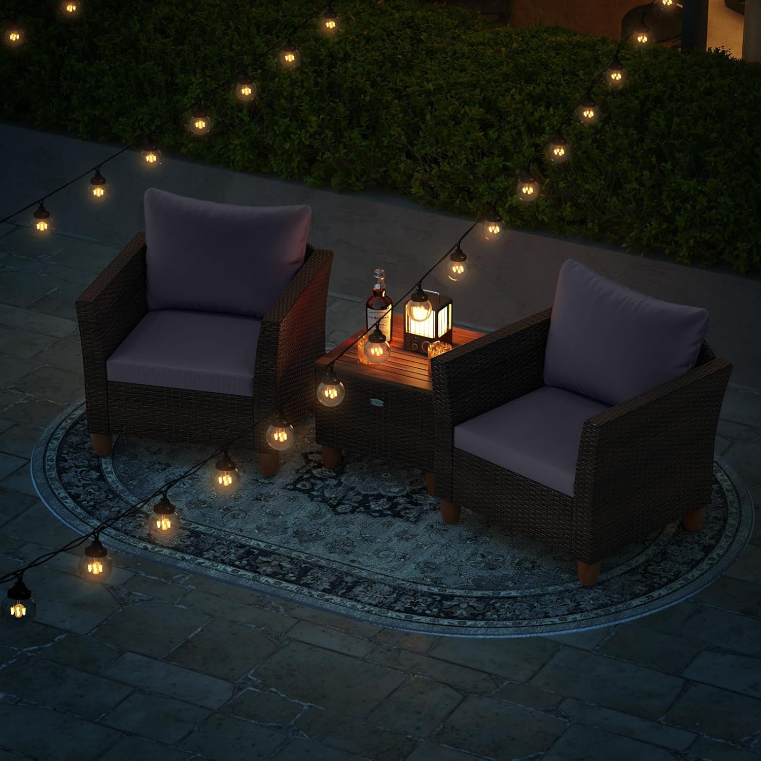 HAPPYGRILL 3 Pieces Patio Conversation Set with Storage Coffee Table, Outdoor Patio Furniture Wicker Sofa Set with Soft Cushions for Balcony Backyard Porch