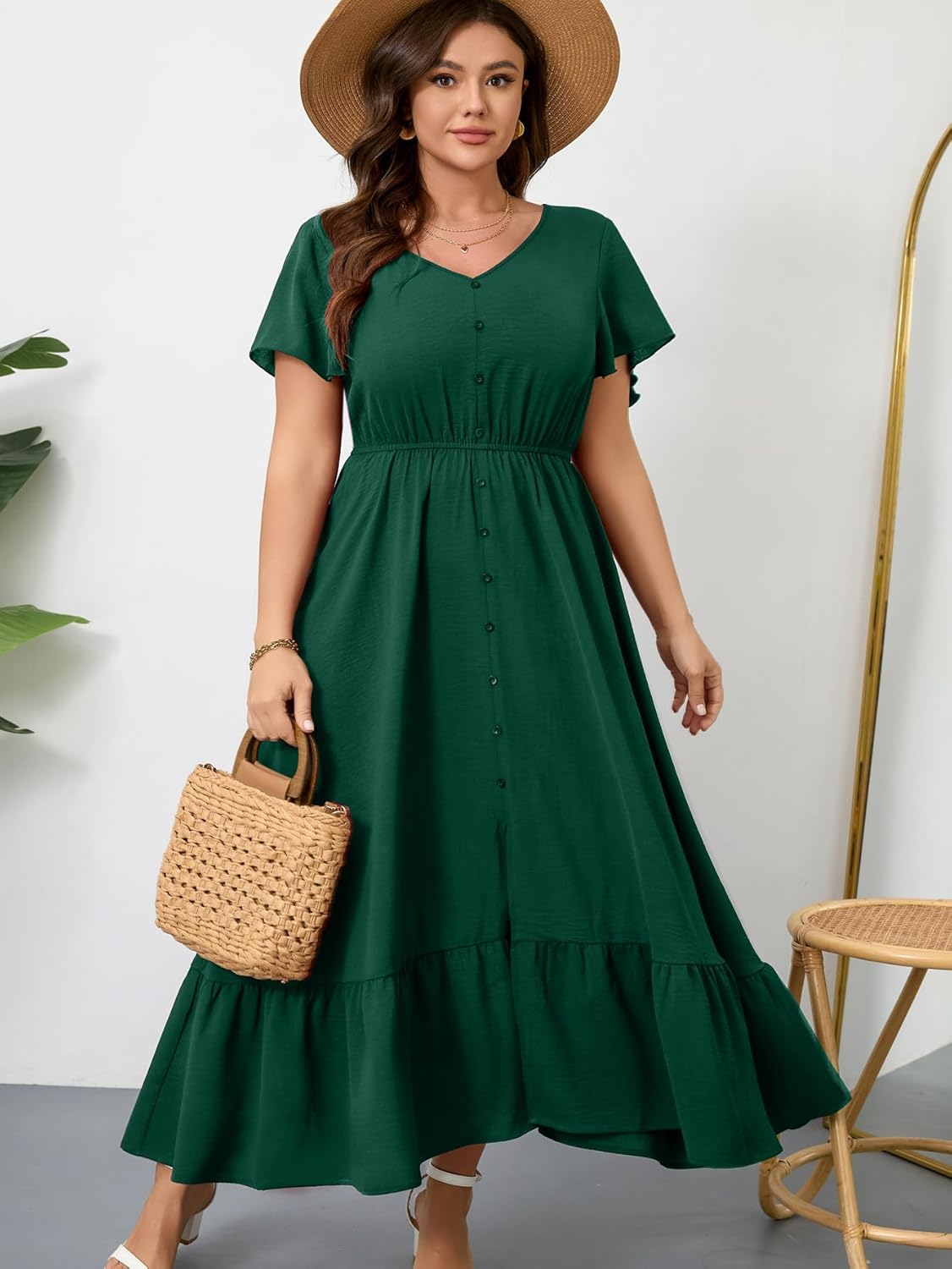 RWJ Women Plus Size Maxi Dress V Neck Short Sleeve Button Trim Split Flowy Tiered Casual Long Dresses 2025 L-3XL - Image 7