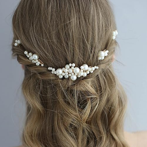 Miniatura 4 de Cinaci Paquete de 27 peines laterales de metal para novias con diamantes de imitación dorados con diamantes de imitación y perlas en forma de U,