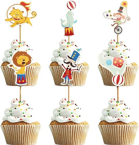 Decoraciones para cupcakes de circo, 24 piezas de decoraciones de carnaval para cupcakes, decoraciones de fiesta temática de circo, decoraciones de