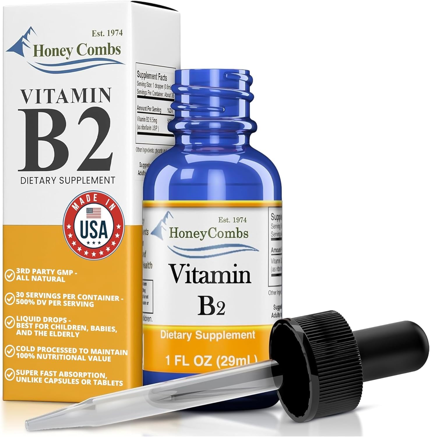 HoneyCombs Liquid Vitamin B2 Drops Riboflavin B2 Supplement 1 Fl Oz | Headache Support Energy Metabolism & Nervous System Support High Potency Alcohol Free Vegan Fast Absorbing product thumbnail 2