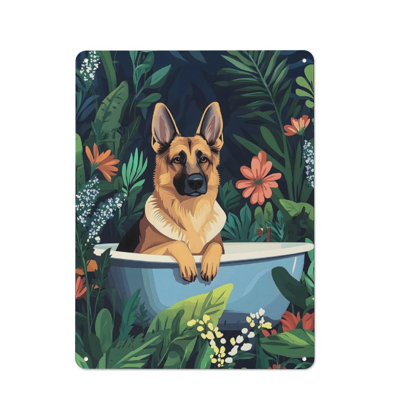 Junmoney German Shepherd In A Bathub Friendly Metal Wall Decor 40X30cm, Decorative Metal Plaque For Coffee Bar, Small Shop Or Dining Room