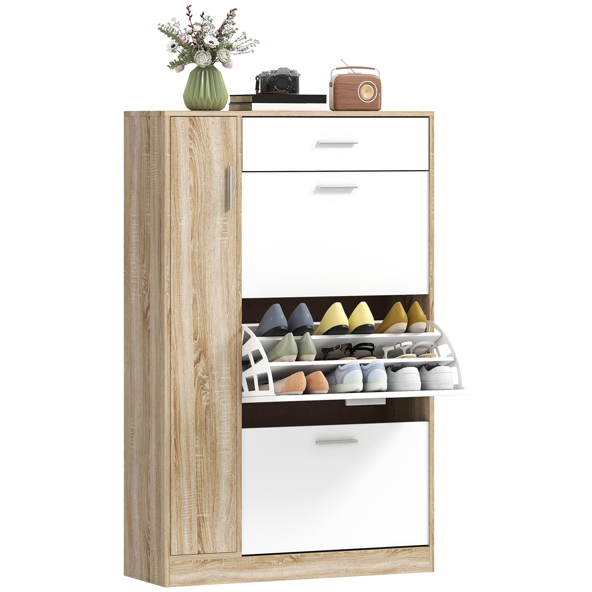 HOMCOM Mueble Zapatero de 3 Puertas para 18-27 Pares de Zapatos Zapatero Moderno con Cajón y Puerta para Salón Entrada Dormitorio 84x30x132 cm Natural