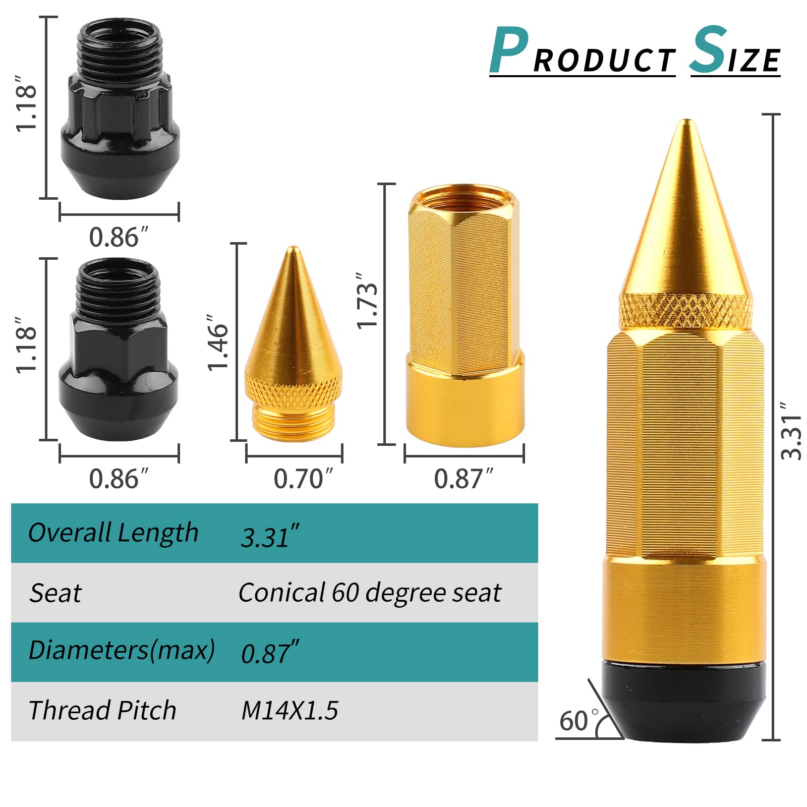 YeshineAuto M14x1.5 Anti Theft Wheel Spike Lug Nut 24 PCS Spiked Lug Nuts Spikes Lug Nuts with 2 PCS Socket Keys (Gold)