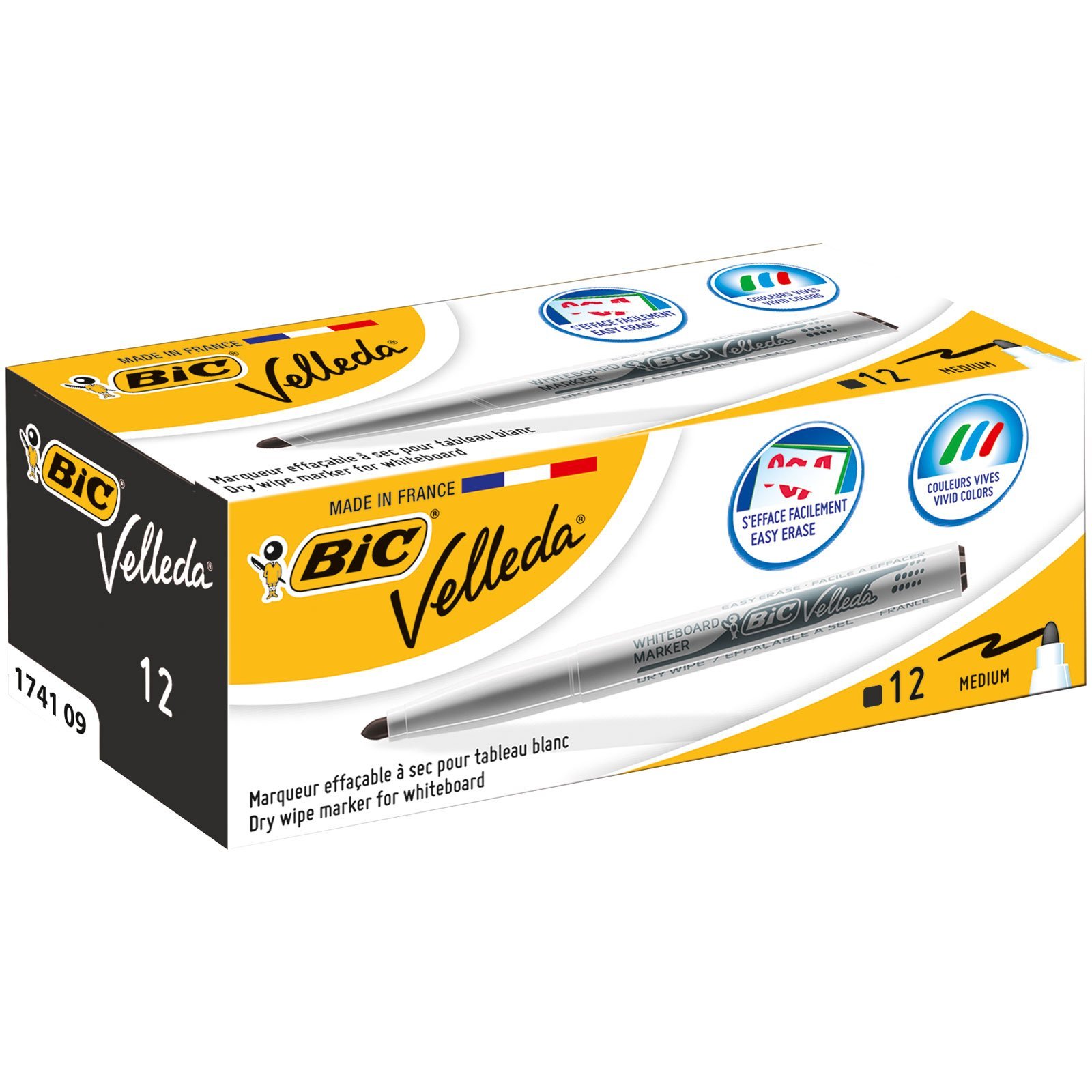 BIC Velleda 1741 Rotuladores de Pizarra Punta Media Para Pizarra Blanca, Óptimo para la Escuela y la Oficina, Color Negro, Caja de 12 Unidades