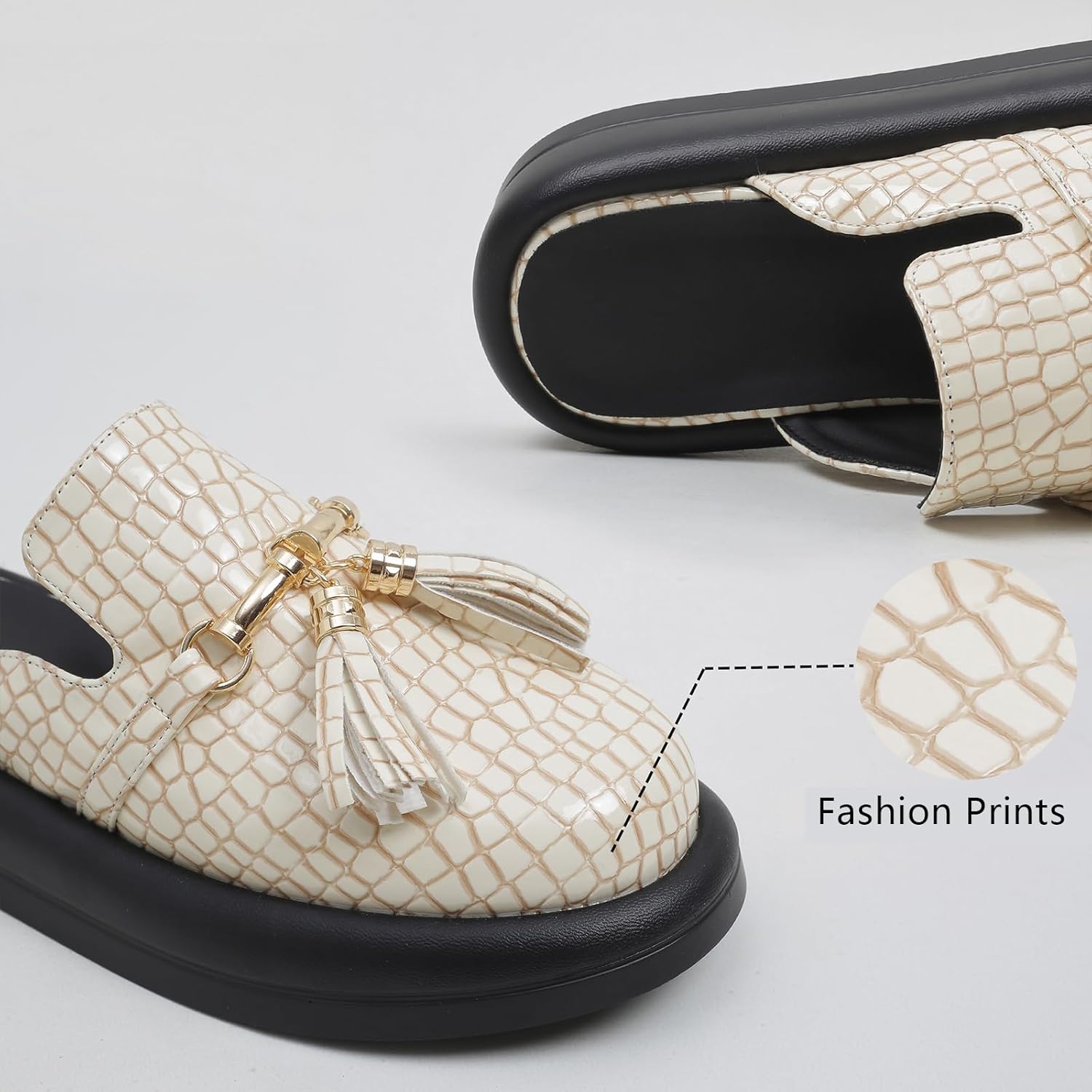 Women's Stone Print Leather Platform Fringe Mules Closed Round Toe Slip On Non-Slip Sandals with Soft Cushion Indoor/Outdoor Comfort Casual Clogs Slides