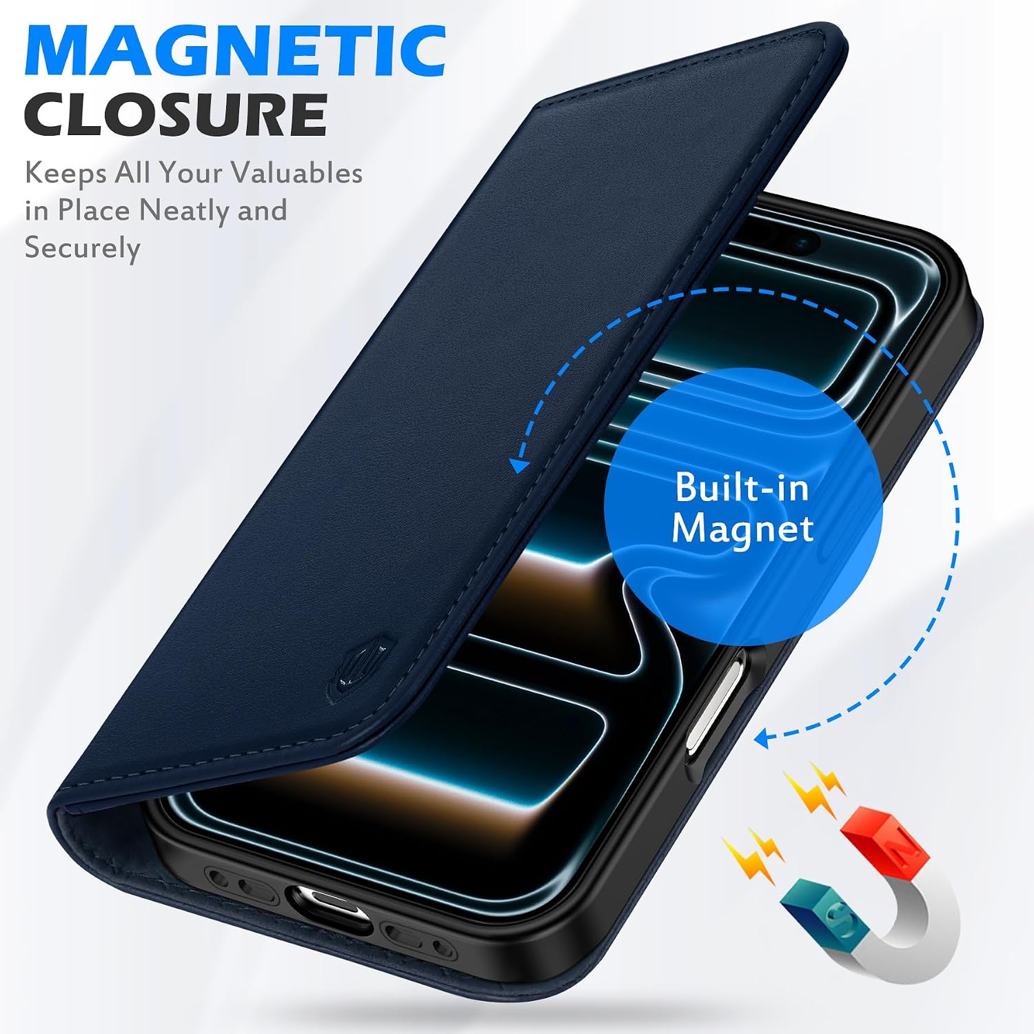 SHIELDON Case Wallet for iPhone Air 6.5-inch | Genuine Leather, RFID Blocking Card Holder, Magnetic Closure, Folio Kickstand, TPU Soft Protective Cover for Men Women - Navy Blue
