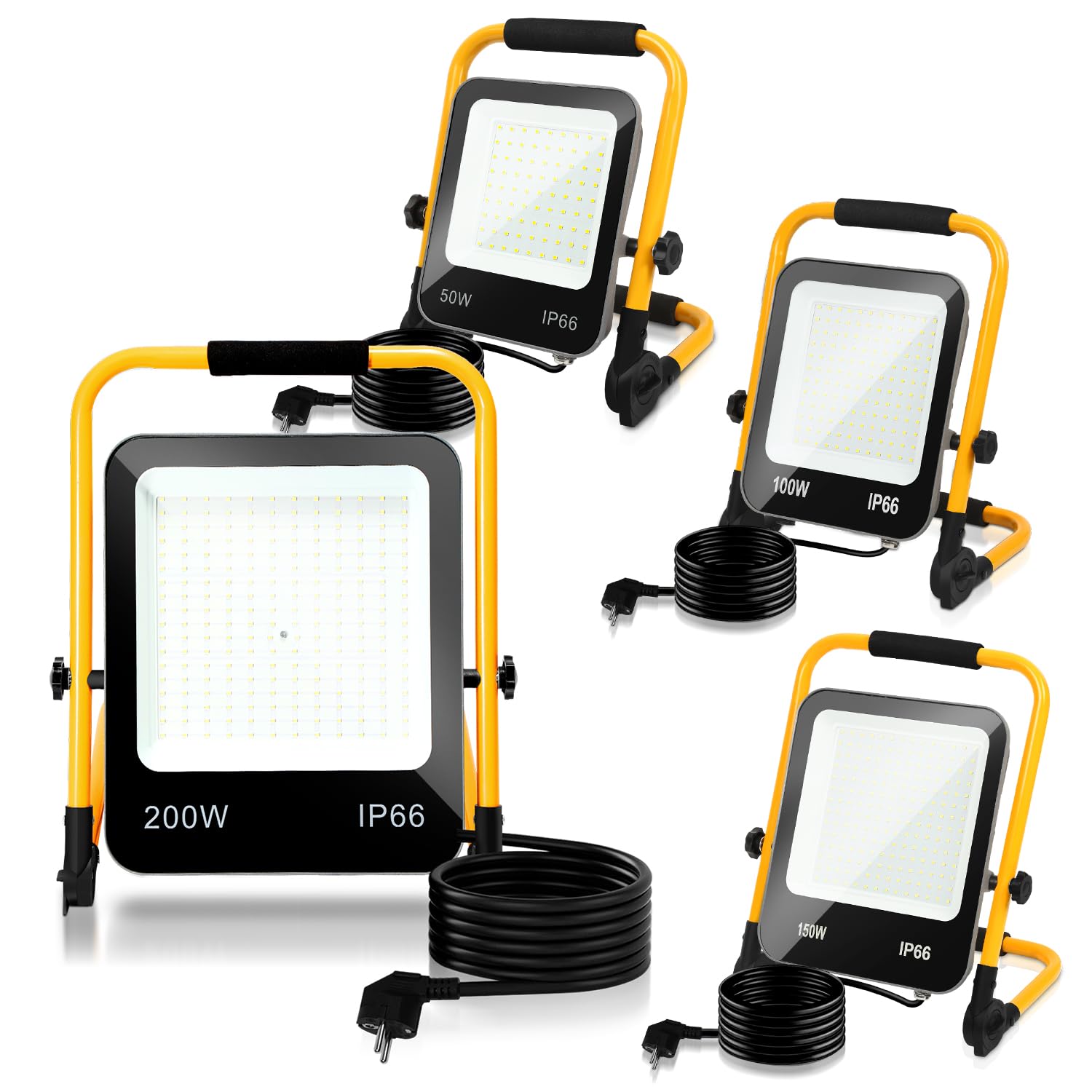 Randaco Reflektor budowlany LED, 4 x 200 W, 16000 lm, przenośna lampa robocza LED, reflektor budowlany 6000 K, zimna biel, reflektor budowlany, IP66, z kablem 3 m i składanym stojakiem, na plac budowy