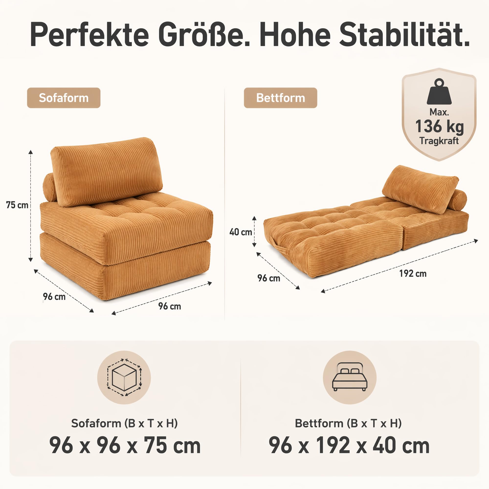 Schlafsessel mit Schlaffunktion Cord Beige - 2-in-1 Klappsofa Gästebett
