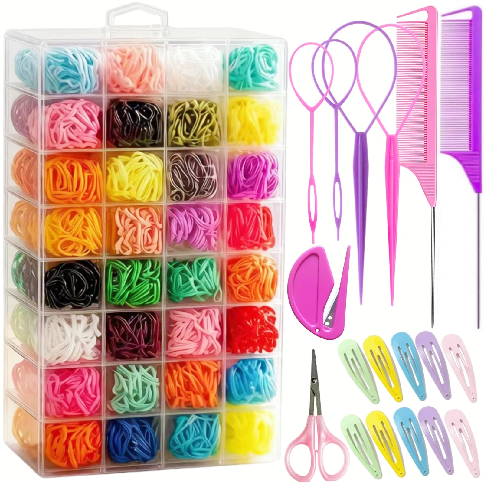 Aigee Small Hair Rubber Bands, 2000 Pcs in 32 Colors with 18 Styling Tools,including rat tail comb, topsy tail tools, snap clips, and elastic cutter, Mini Elastic Hair Ties for Baby,Toddlers, Kids color-1