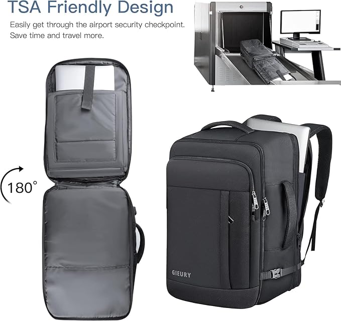 Mochila de Viaje, 50L Expandible, Laptop TSA, Mujer y Hombre, Negro miniatura 4