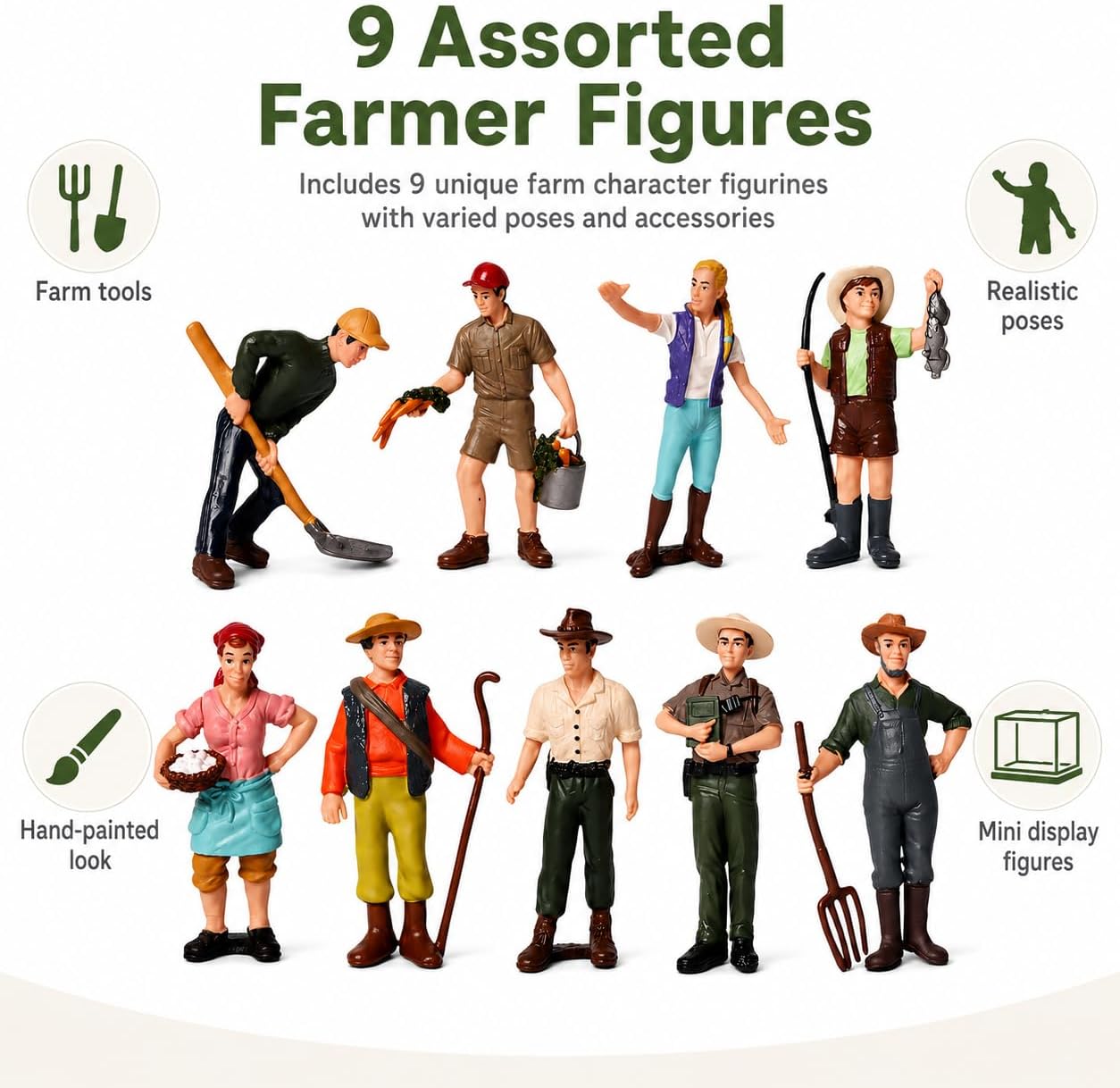 9 Pcs Little Farmer People Figures, Miniature Farm Keeper Figurines Realistic Hand Painted Farmer Collectible Figurines Cake Topper Christmas Gift image 3