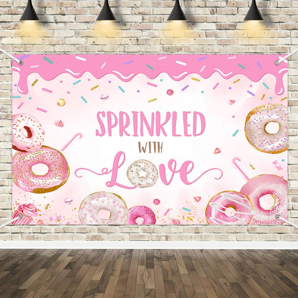 MEHOFOND Donut Baby Sprinkle Backdrop Sprinkled with Love Donut Baby Shower Background Girl Baby Shower Party Cake Table Decoration Banner Photo Booth