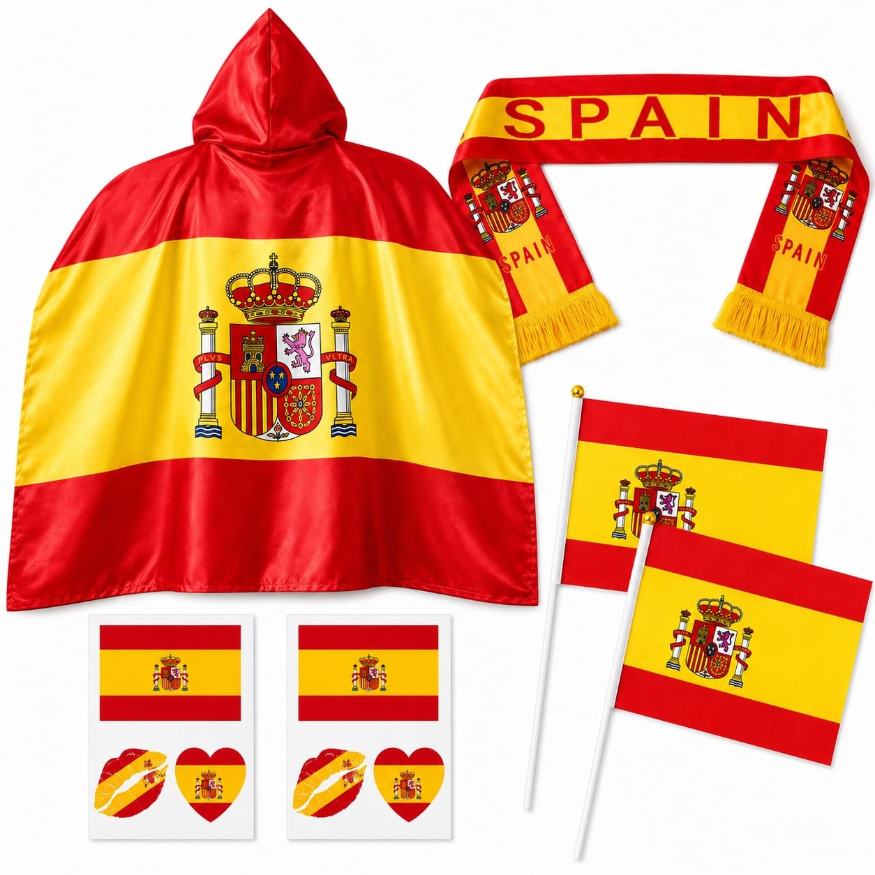 Kit de Animación Mundial 2026 con Capa Bandera de España y Bufanda España Mundial 2026, Pegatinas Faciales y Banderines de Mano para Celebración de Partidos y Estadios por Aficionados