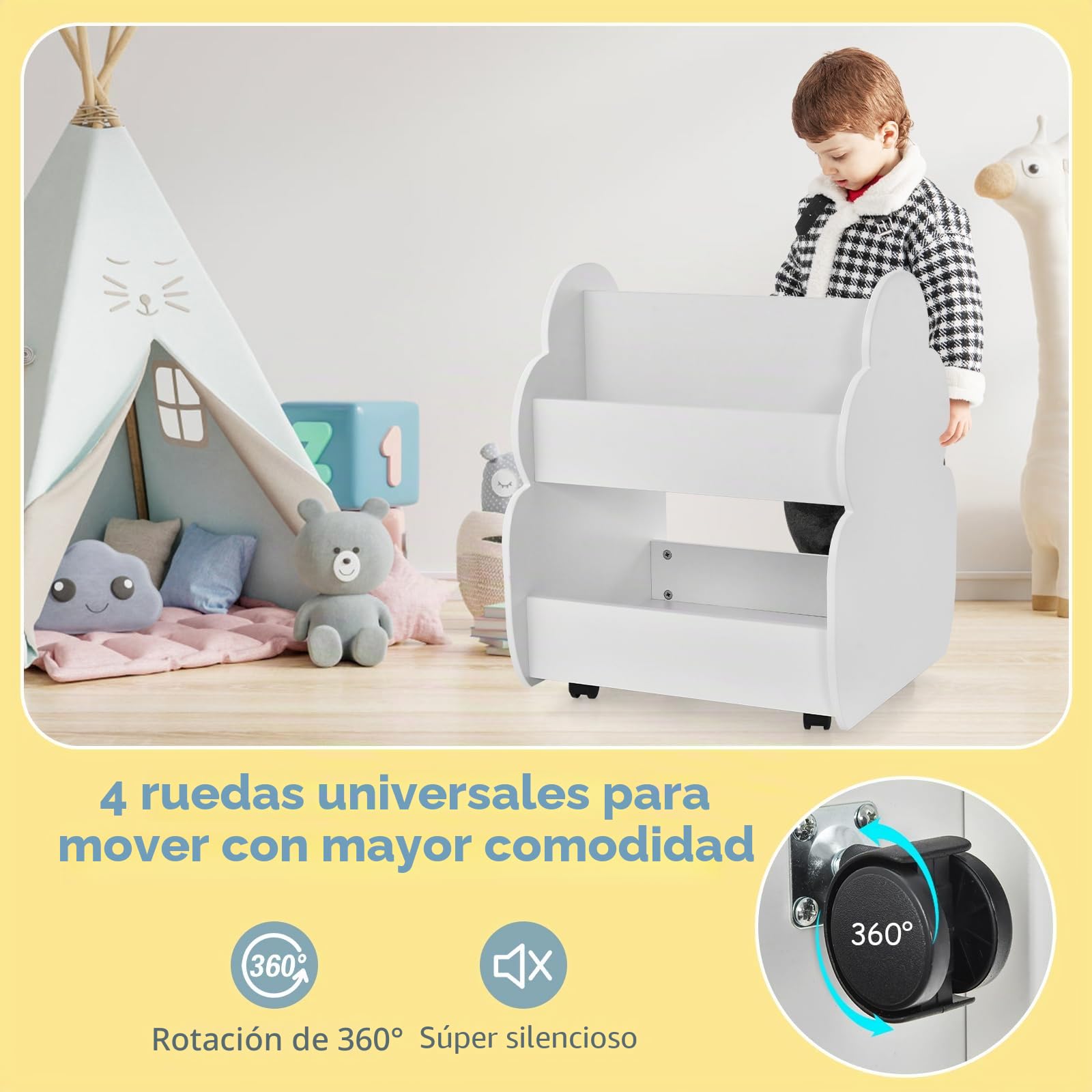 HOMASIS Estantería de Juguetes para Niños con 2 Compartimentos, Estantería de Madera para Niños con 4 Ruedas, Bonita Caja de Juguetes para Guardería, Sala de Juegos y Jardín de Infancia (Blanco)
