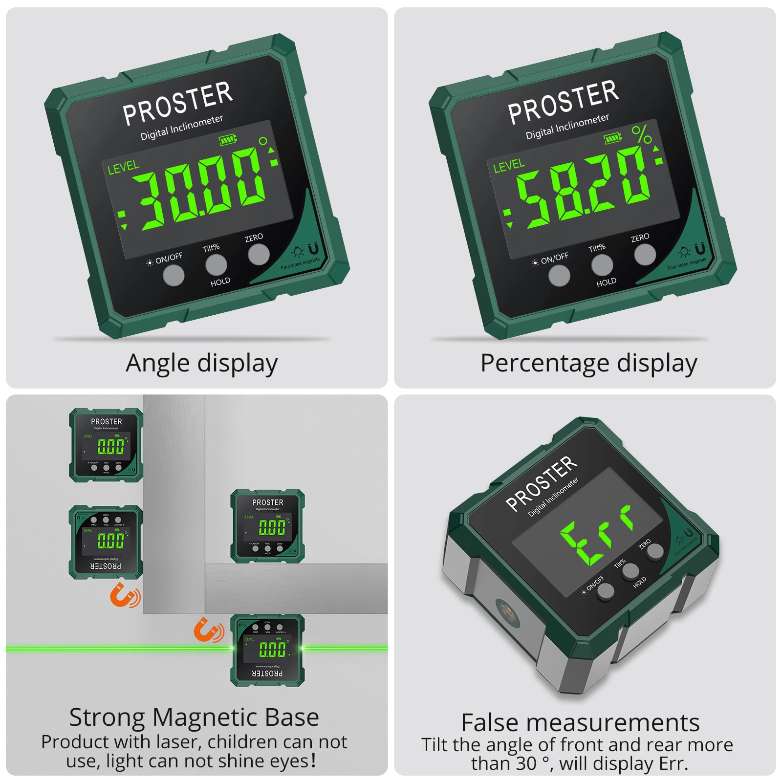 Proster winkelmesser Magnetische digitaler Neigungsmesser Winkelmessgerät Wasserwaage mit Starkmagnet für Holzwerkstatt Heimwerkstatt Baustelle DIY Dekoration LCD VA-Display IP54 aufladbar