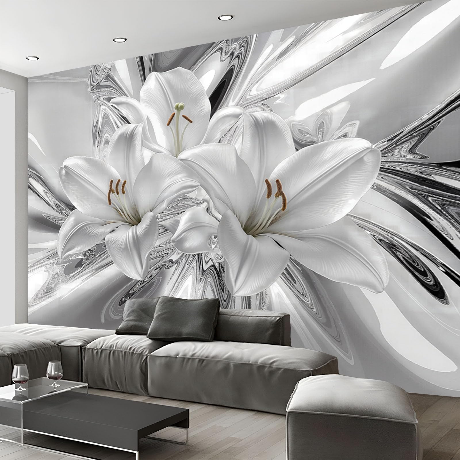 Papier Peint Intissé Mural Photo 450×315 cm Motif Luxe Lily Panoramique Poster Fresque Liquide Qui Coule Fleurs Murale Maison Bureau Restaurant, Argent Décoration Murale Papier Peint
