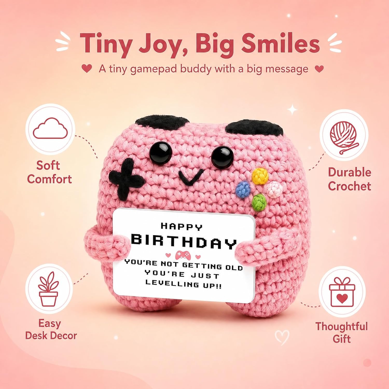 OHiZVZV 1Pc Birthday Crochet Gift, Funny Game Controller Plush for Gamer, Humorous Emotional Support Present, Handmade Gaming Decor for Birthday Celebration & Desk (Pink, 3.15x3.15 Inches)