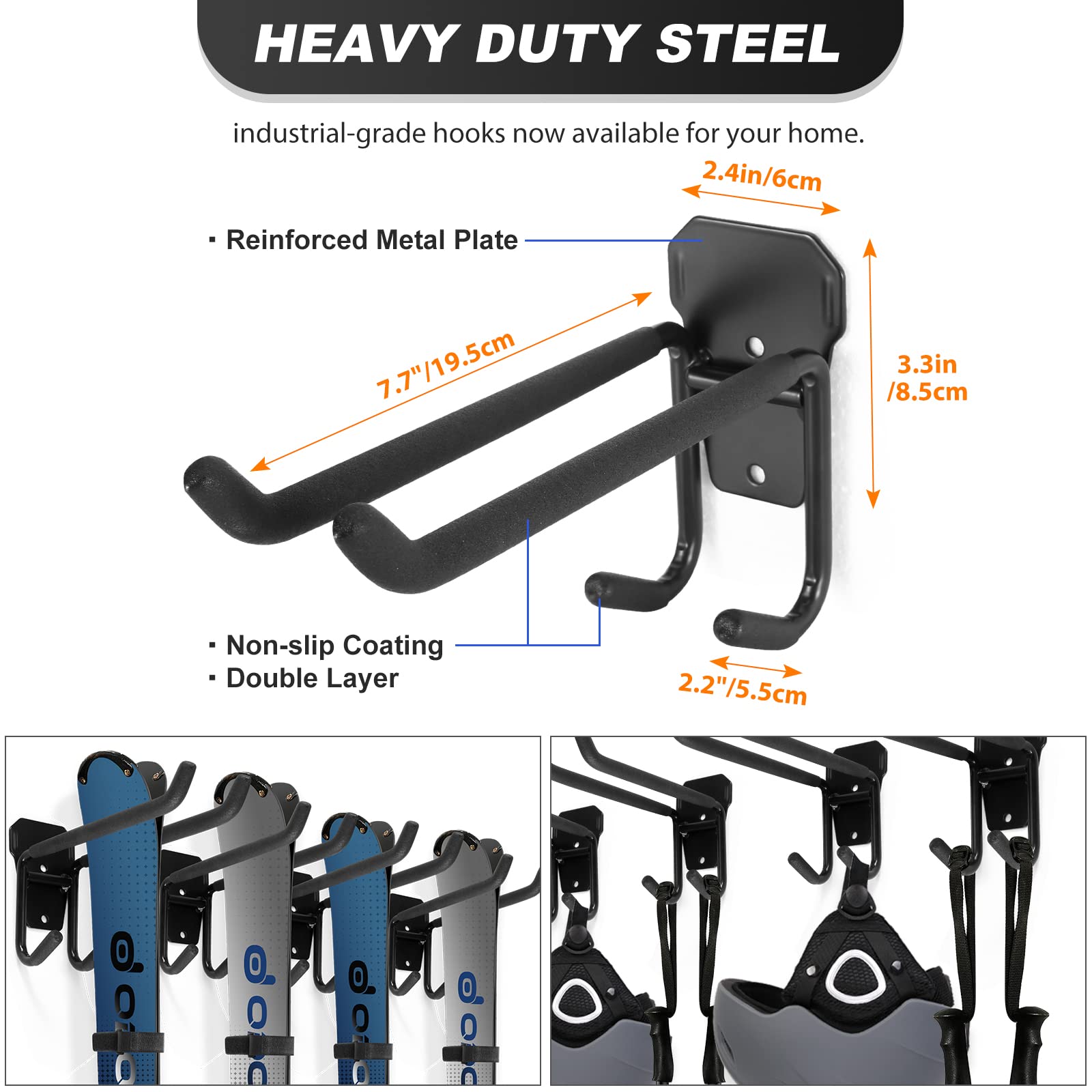 Odoland Kit de Support Rangement pour Skis Peut Contenir 4/2 Paires Snowboards, 4/2 Supports de Stockage Mural avec 8/4 Sangles en Velcro, Support Mural Skis pour Maison et Garage