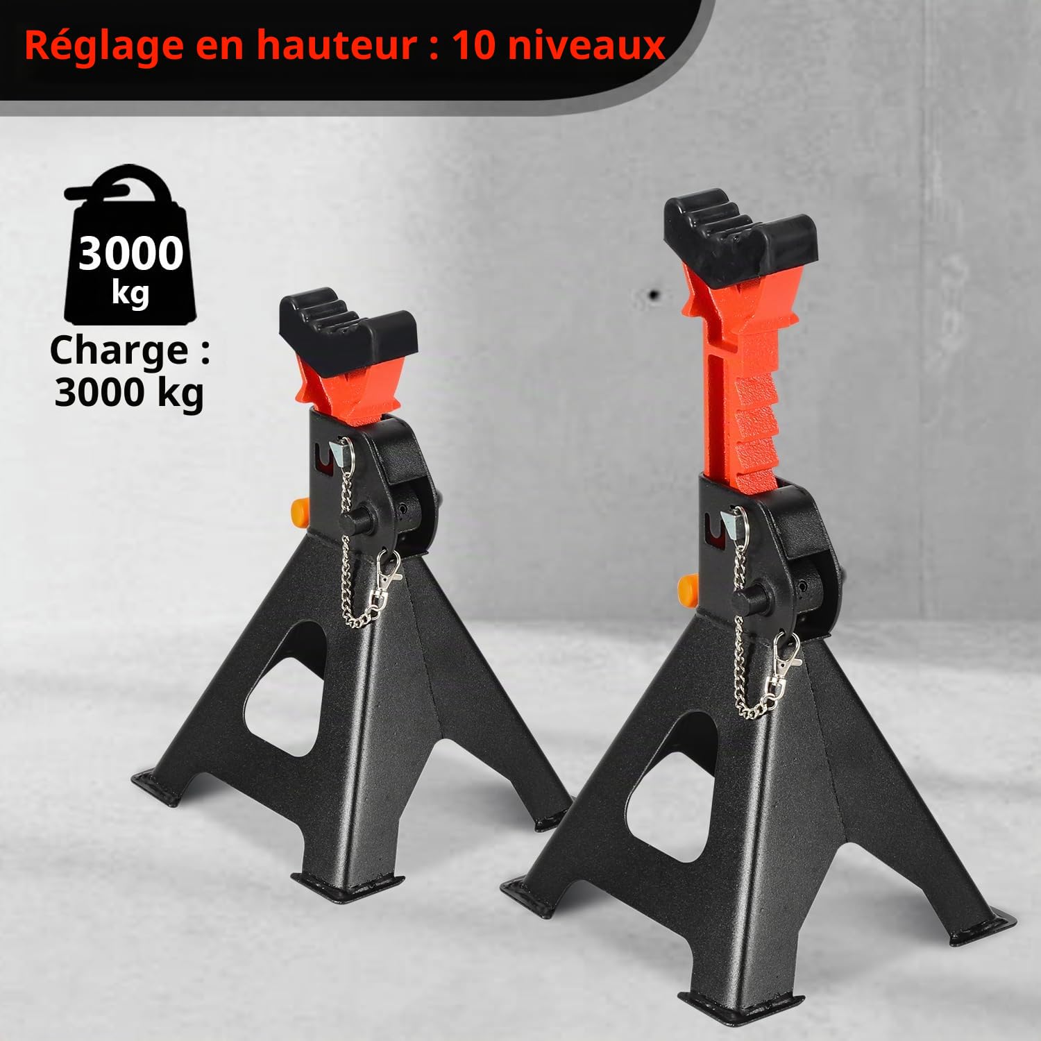 Lot de 4 Chandelles d'atelier 3T Capacité de charge réglable en hauteur de 285-430 mm, Chandelles pour véhicules avec taquet de sécurité et coussinets en caoutchouc, Support de voiture