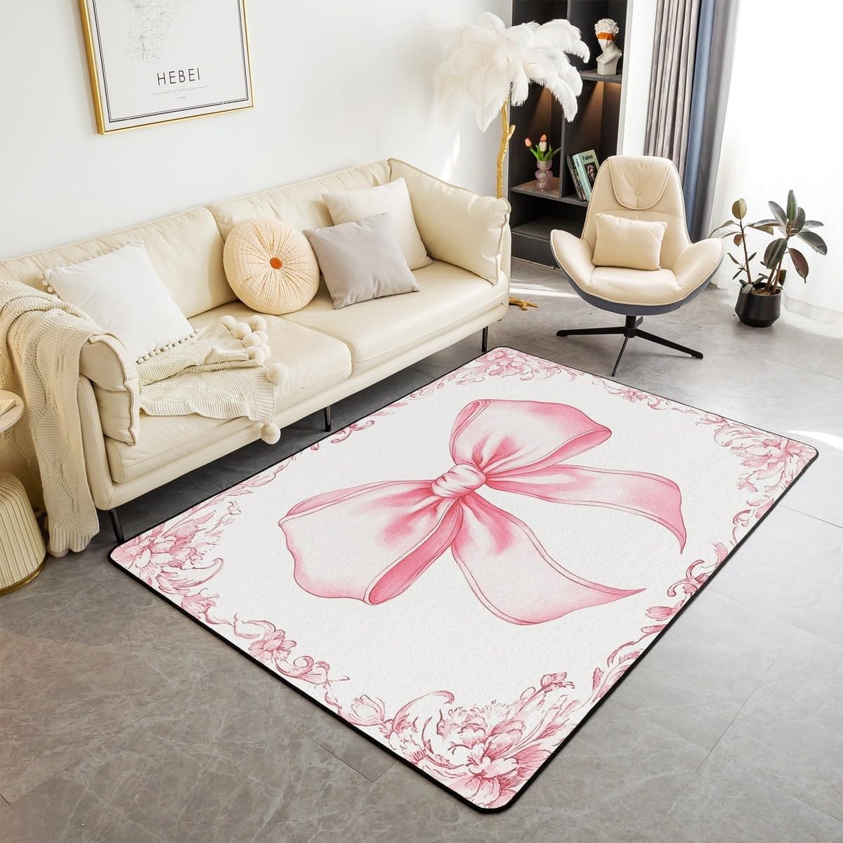 Erosebridal Pink Bowknot Carpet,Watercolor Bow Area Rug 3x5 for Bedroom Living Room Playroom,Fantasy European Flower Decorative Rug,Bow Tie Indoor Floor Mat Non Slip