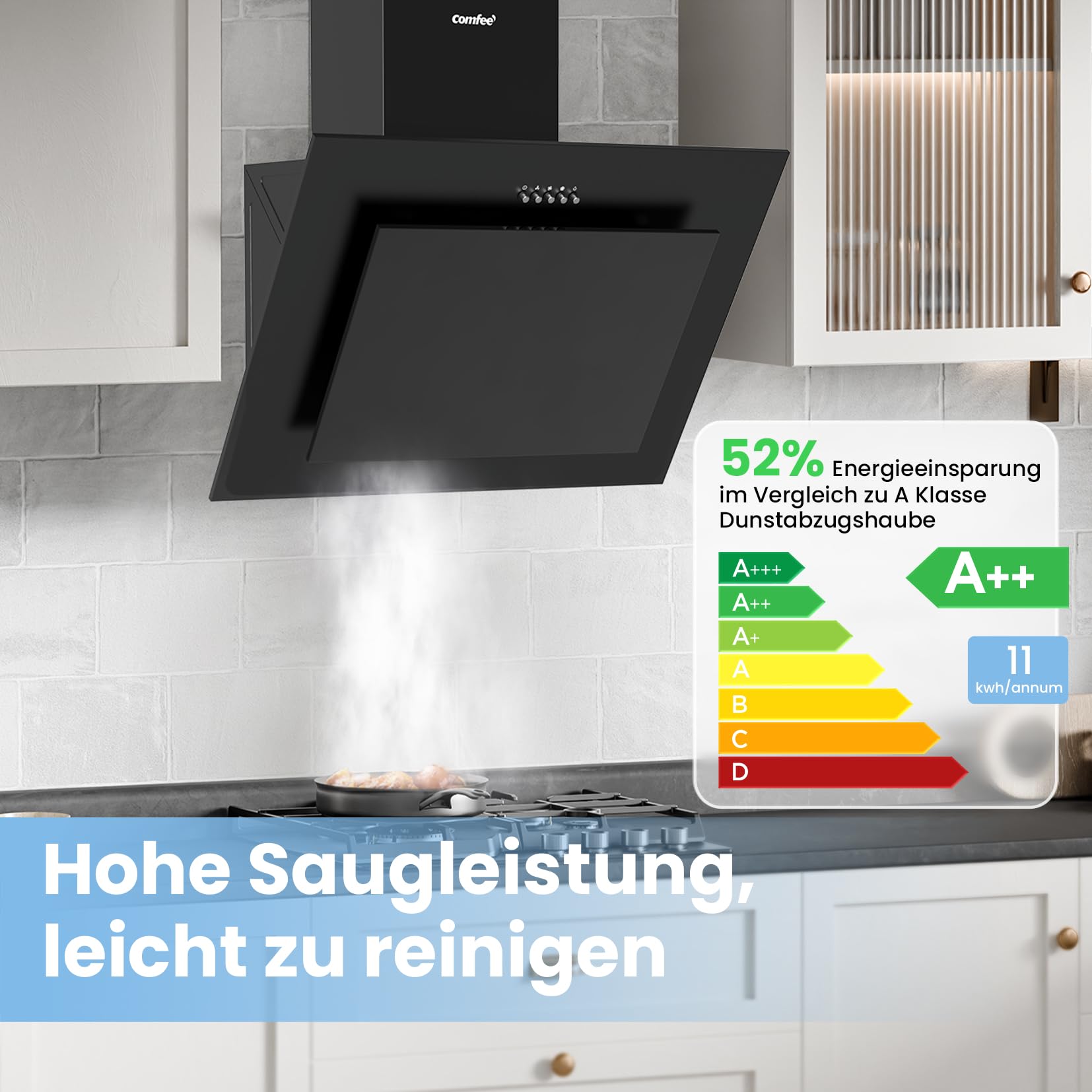 COMFEE' CH60J78EM4A2B Dunstabzugshaube 60cm A++, Kopffreihaube 380m³/h Umluft Abluft LED Aktivkohlefilter Schwarz