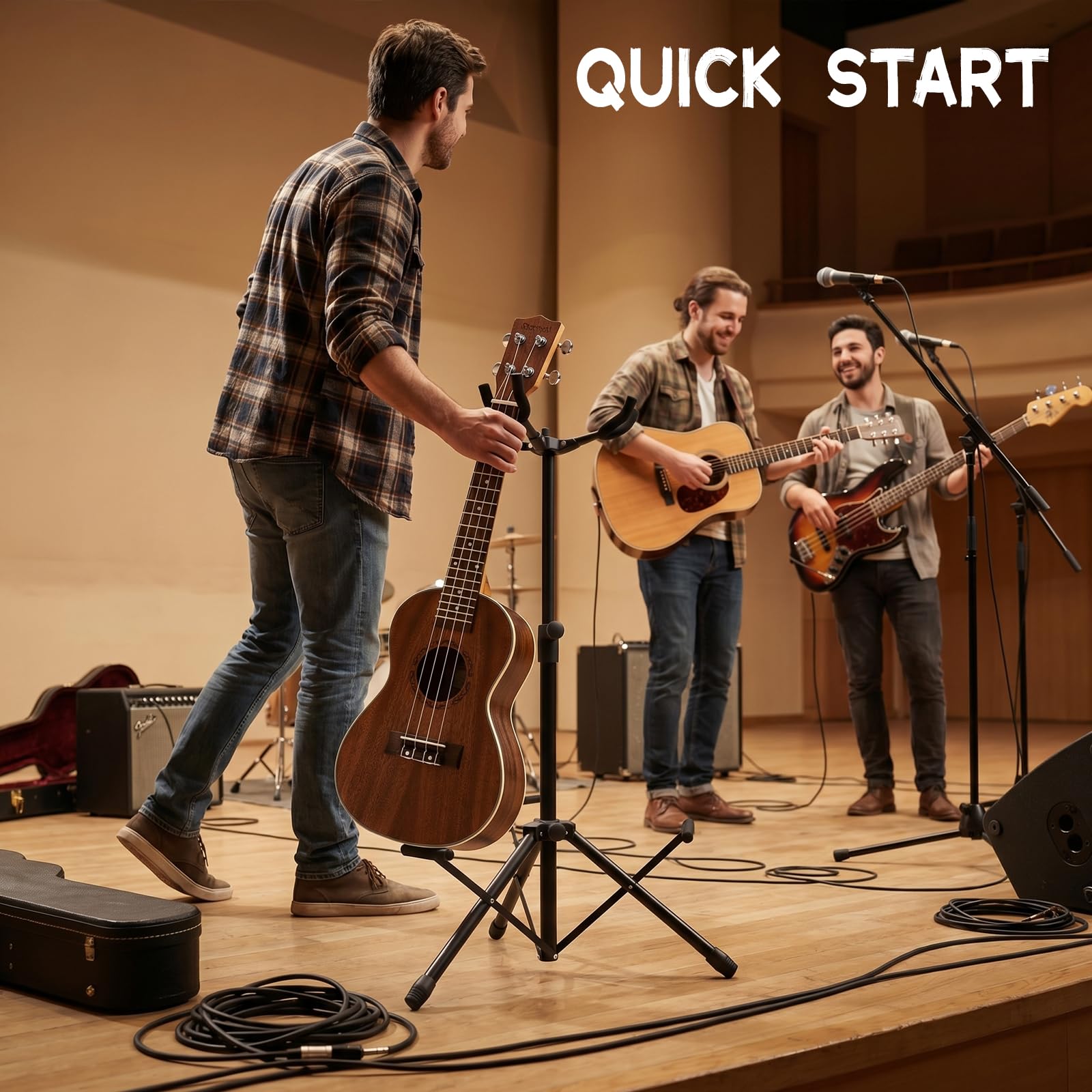 Dreifacher Gitarrenständer – robuster Gitarrenständer für 3 Gitarren für Akustik/Elektro/Bass/Banjos, faltbares Design, rutschfeste Unterseite und Anti-Rost – tragbar für Bühne/Reisen/Studio