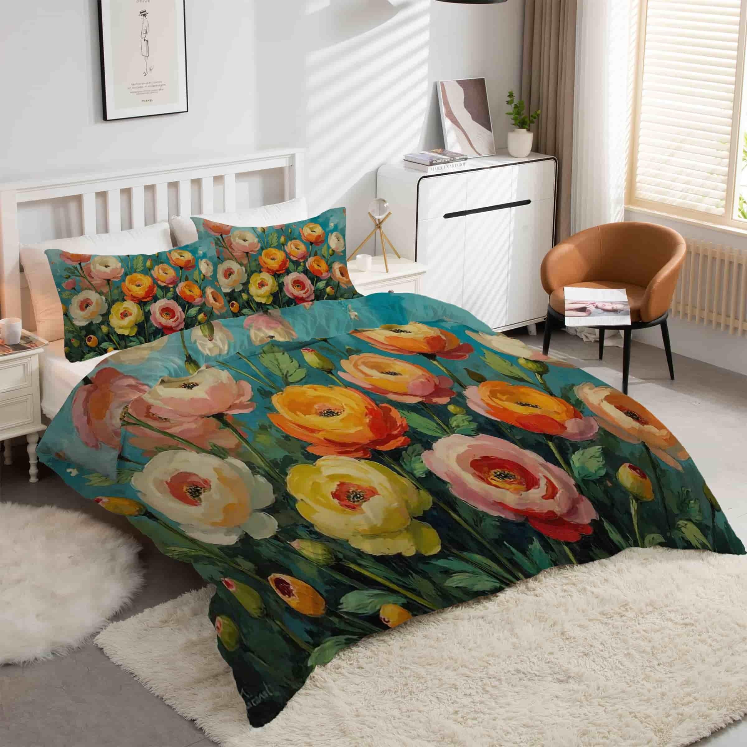 Parure de lit fleurs peinture à l'huile avec housse de couette 240x260 et 2 taies