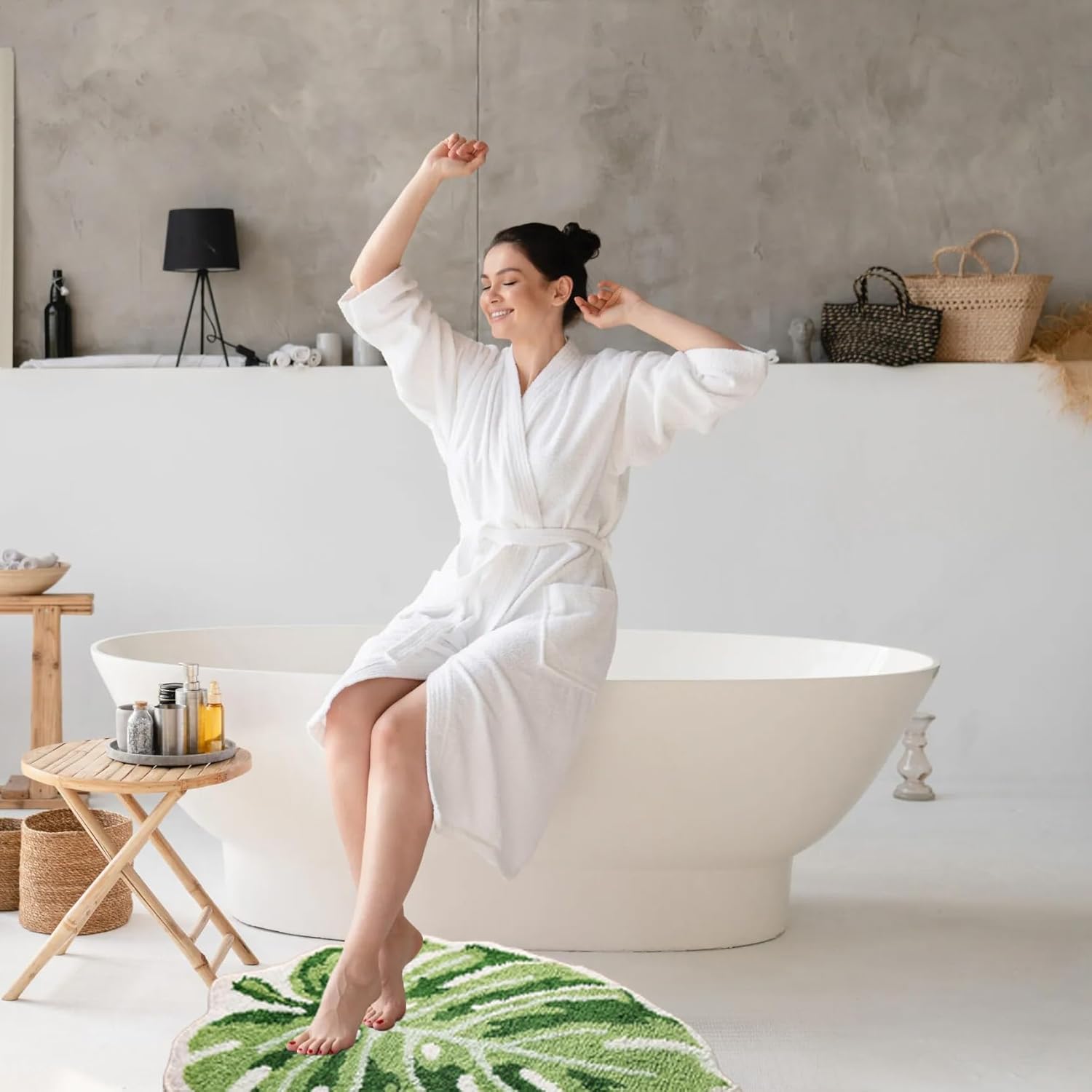 Cute Bathroom Rugs with Green Leaf Mat, Non Slip Palm Shaped Plush for Shower Floor, Kitchen, Bedroom, Kids Room, Bathtub Rug Machine Washable, 26’’ x 31.5’’, Monstera