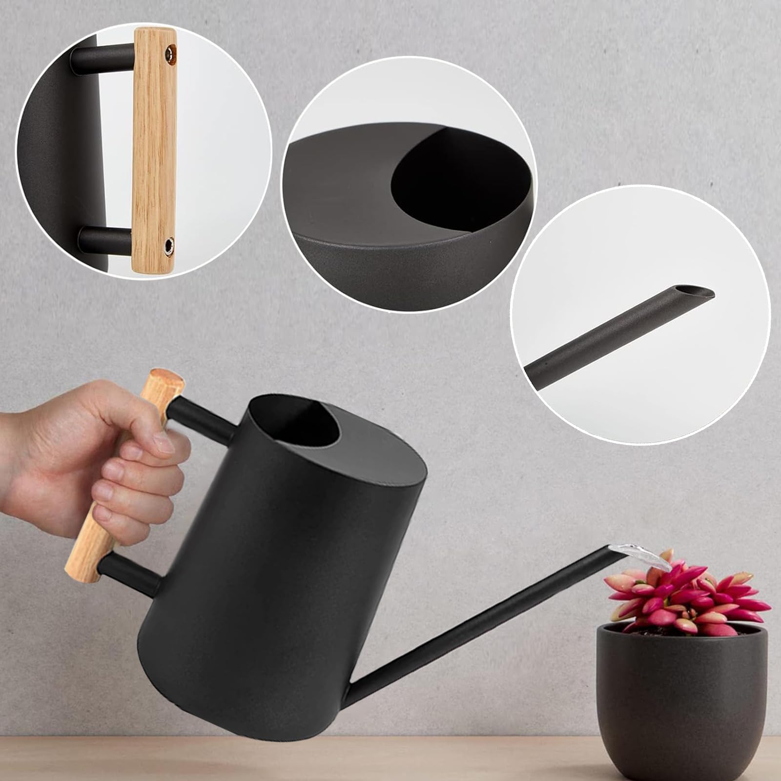 Annaffiatoio Da Interno In Acciaio Inox 1,2L Con Manico In Legno E Beccuccio Lungo - Elegante, Nero Opaco - 2