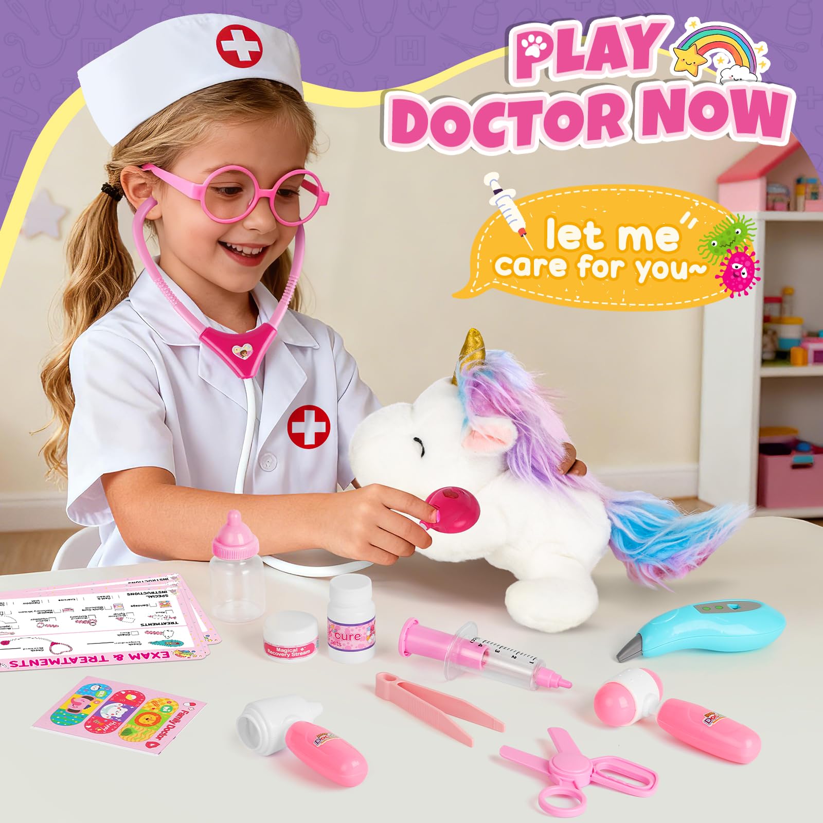Kit Docteur Enfants, Coffret Médicale avec Peluche Licorne et Blouse de Docteur, Jeu de Rôle pour Enfants 3 4 5 6 Ans - Cadeau Noël et Anniversaire