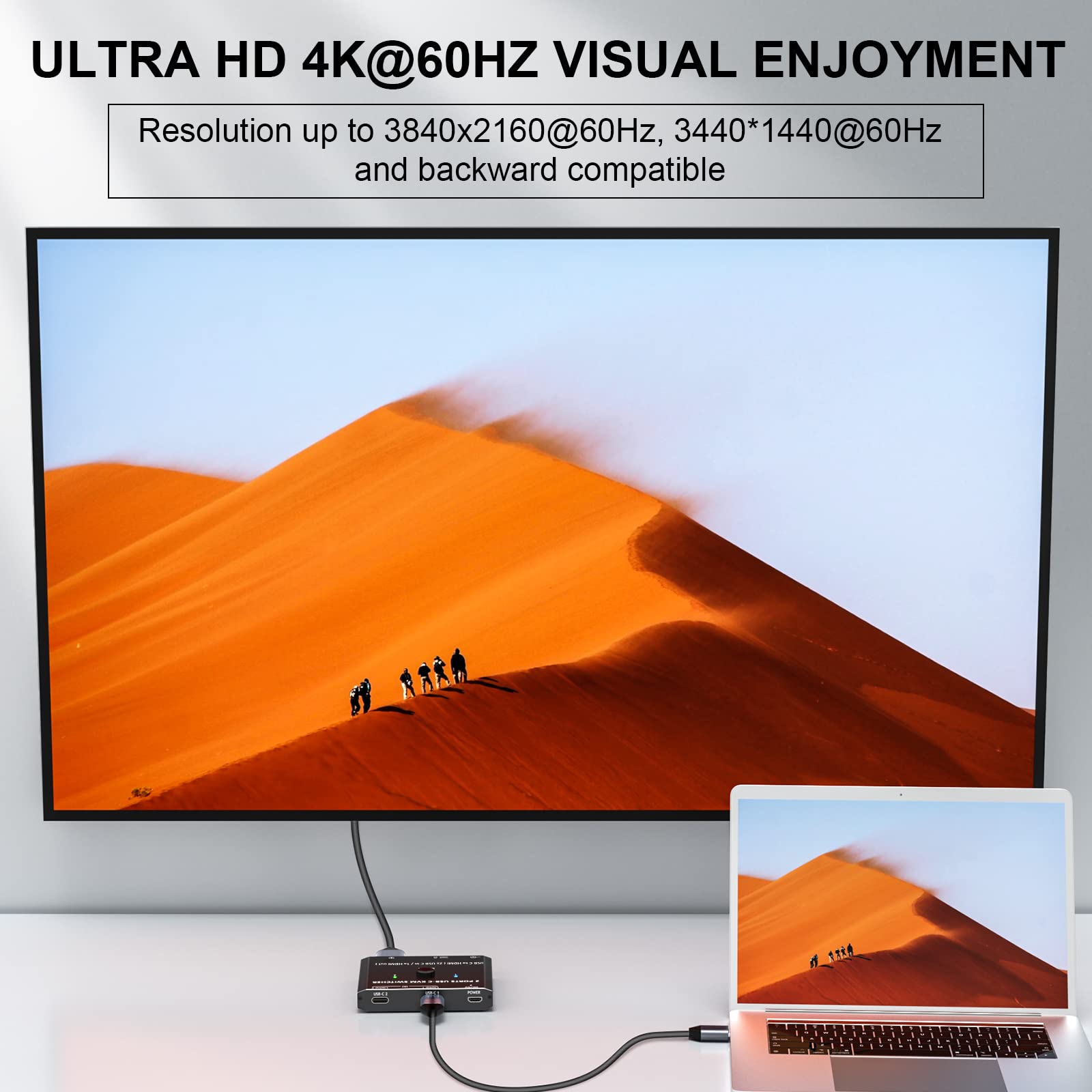 Przełącznik C KVM 2 PC 1 monitor 4K 60 Hz, przełącznik KVM USB-C do 2 laptopów, share 1 monitora i myszy/klawiatury, USB