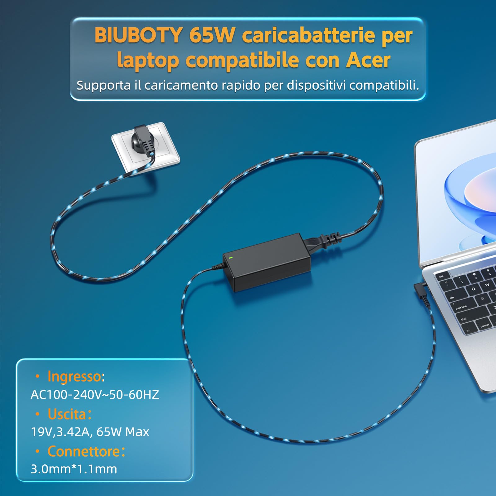 BIUBOTY Caricatore 65W laptop Compatible con Acer Aspire 1 3 5 Series A315 A515 A314 A317 A115/ Spin 1 3 5/ Swift 1 3/ A515-54 A515-55 A515-56 N20C5 N15Q8 N15Q9 N15Q10 N16P1 AC Adattatore 3.0 * 1.1mm