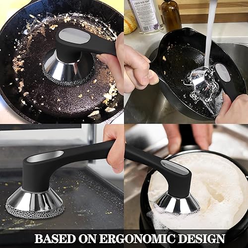 Miniatura 3 de Limpiador de hierro fundido con mango largo, kit de limpieza de cadena fina soldada, cepillo de metal, esponja para limpiar sartén, platos, plancha,