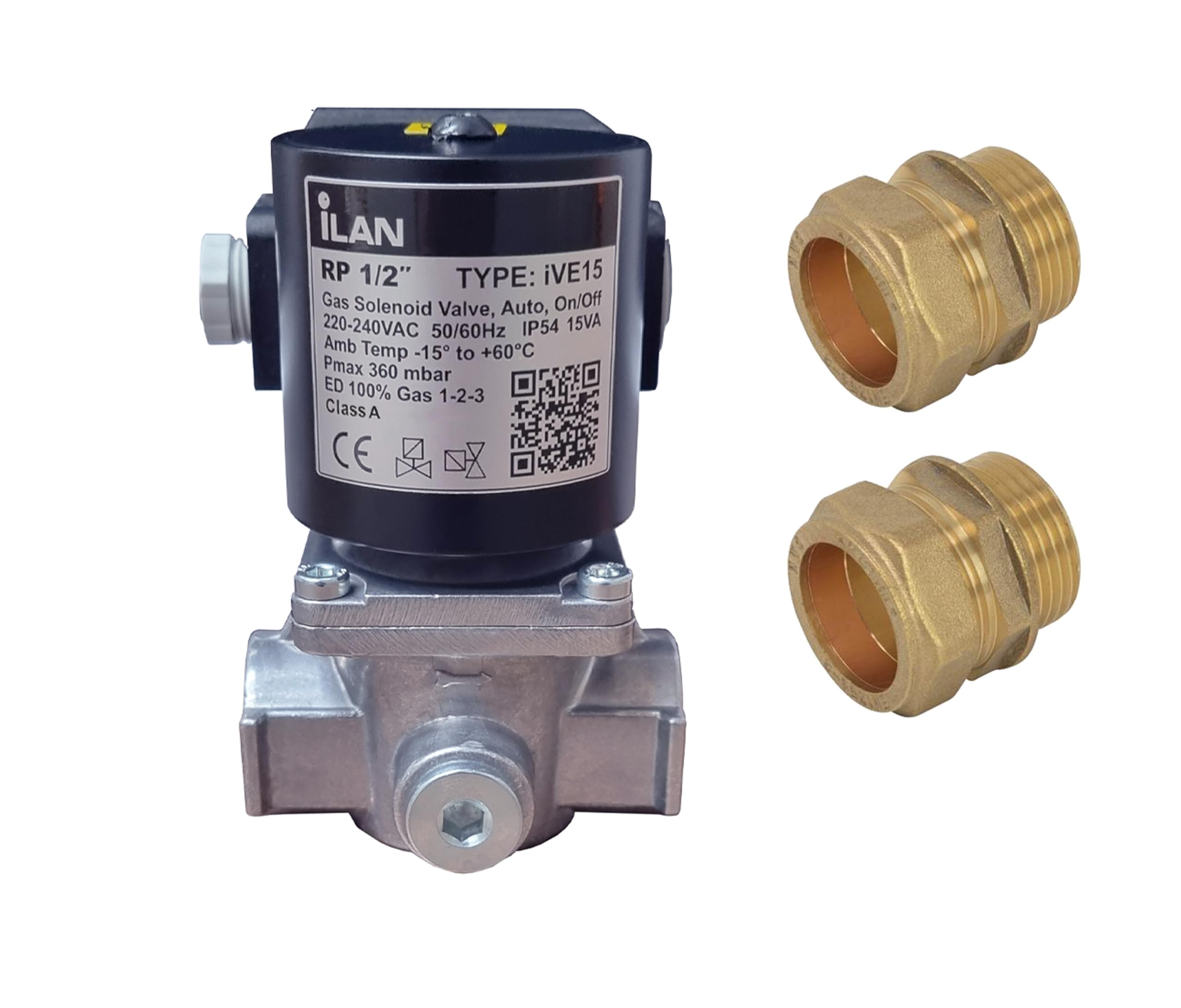 Ilan Black Gas Solenoid Valve 1/2" With 2X Fitting Adaptors (15Mm)