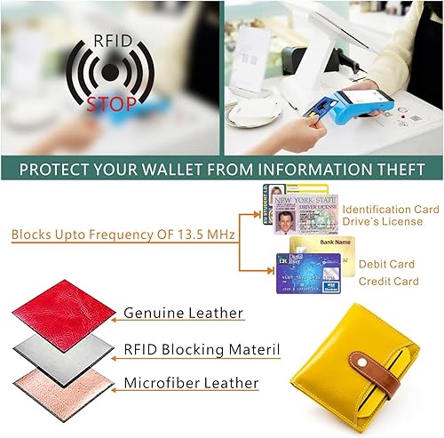 Miniatura 6 de ANDOILT Billeteras para mujer, de piel auténtica, pequeña, plegable, con bloqueo RFID, con bolsillo para monedas, ventana de identificación, Cartera