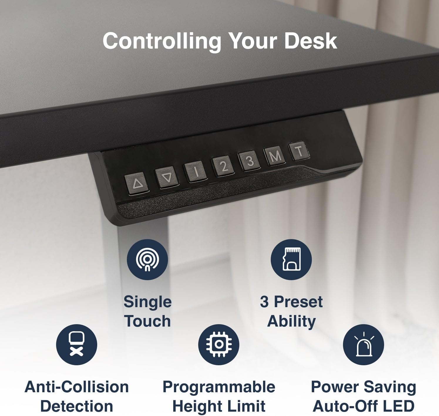 Close-up of the Desky control panel with buttons for up, down, 1, 2, 3, M, and T, highlighting features like single touch, 3 preset ability, anti-collision detection, programmable height limit, and power saving auto-off LED.