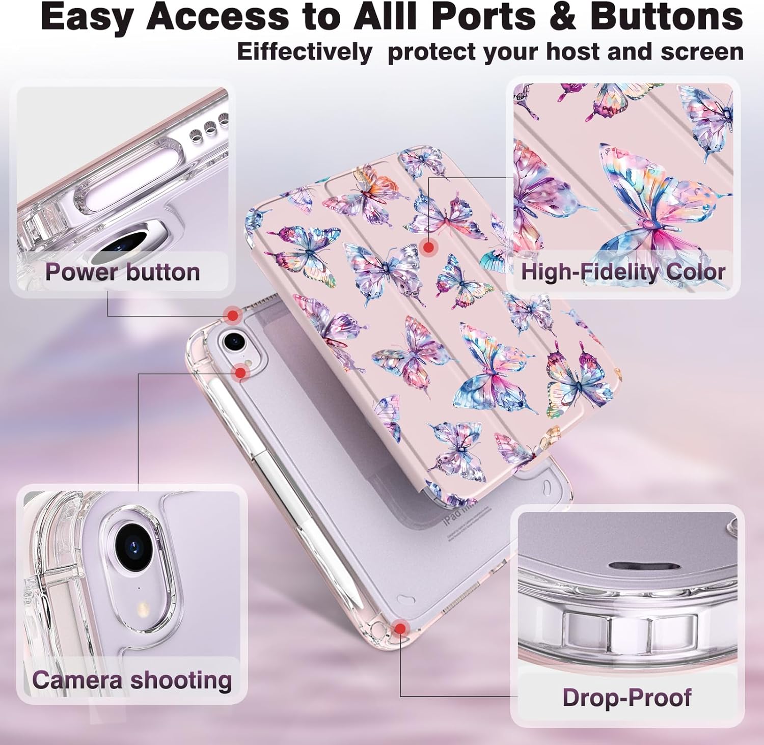 for iPad mini 6/7 Case 8.3 Inch 2021/2024 - Watercolor Pink & Purple Butterfly Cover with Pencil Holder, Tri-Fold Stand, Auto Sleep/Wake, Matching DIY Stickers,for Girls & Women