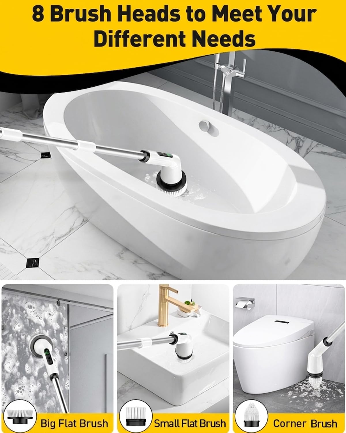 Limpiador de ducha con mango largo, cepillo limpiador de ducha con 8 almohadillas para máquina de piso, limpiador giratorio eléctrico inalámbrico para limpieza con 2 velocidades, suministros de