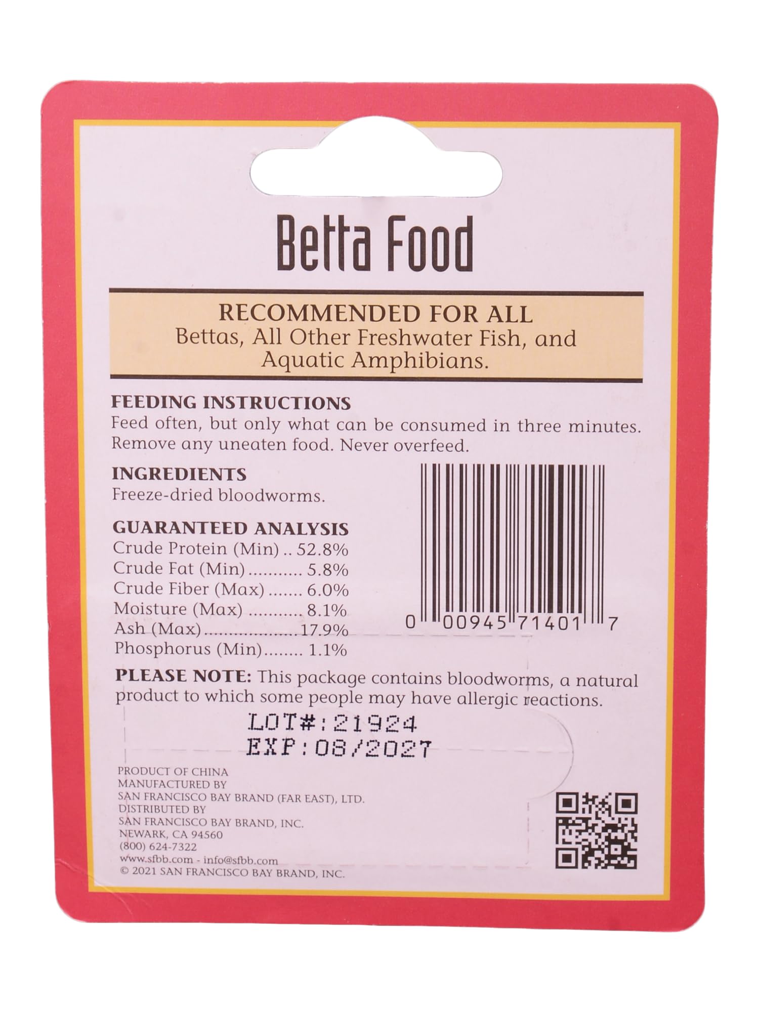 San Francisco Bay Brand All Natural Fish Food & Treat for Betta Fish - Freeze-Dried Bloodworms - Never Clouds Water - High Protein Tropical Fish Food for Betta, Freshwater Fish - 0.04 oz (1g)