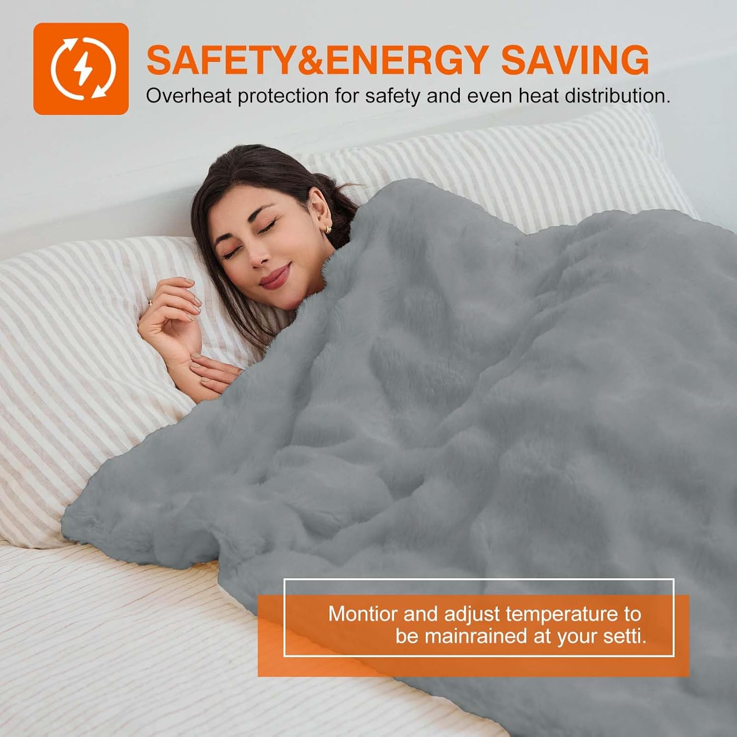 Heated Blanket Throw with 6 Fast Heating Levels,4 Hours Auto-Off,50x60 Cozy Faux Rabbit Fur Bubble Washable Electric Blanket with Overheating Protection,ETL Certification(Light Gray) - Image 5