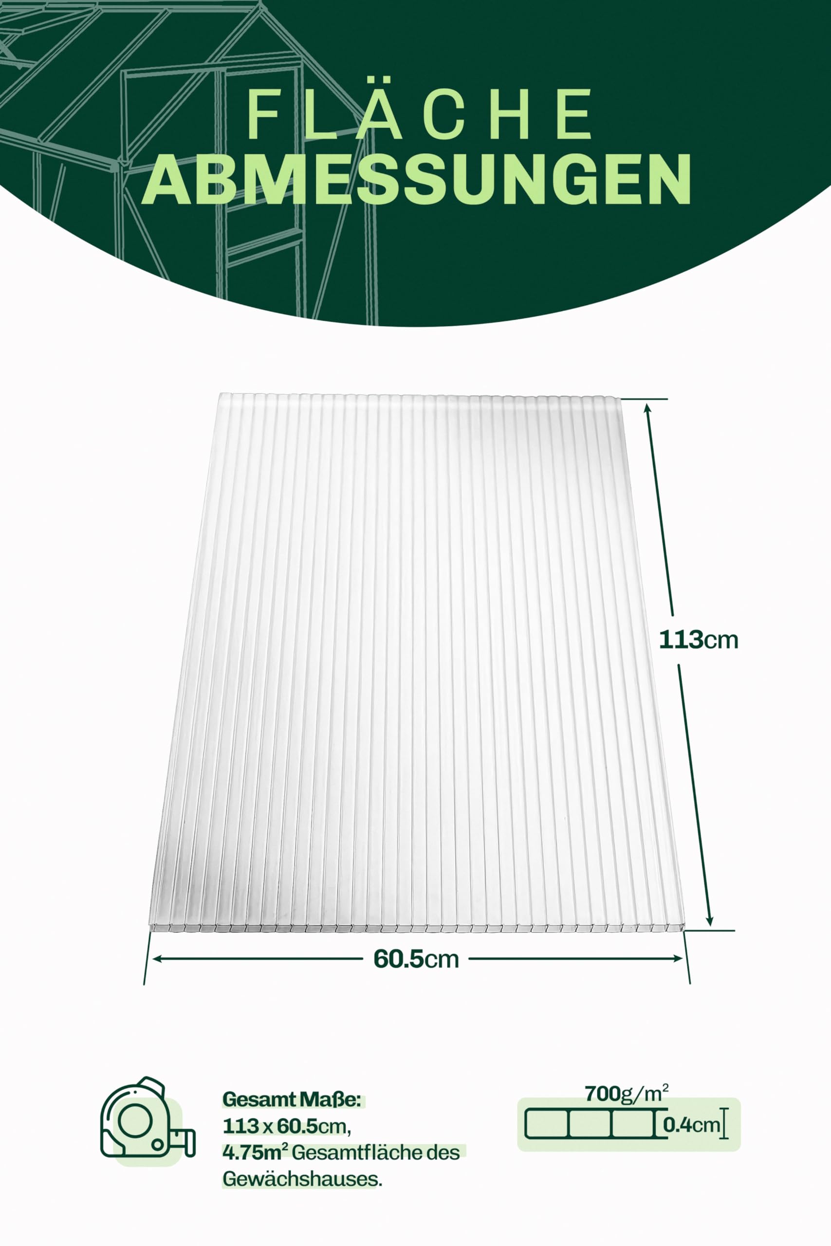 Set 4X Hohlkammerplatten für Gewächshaus 60,5 x 121 cm - Polycarbonatplatten, Kunststoffplatten 4mm, Wetterfeste Gewächshausplatten, Polycarbonat Stegplatten, Transparent & UV-beständige