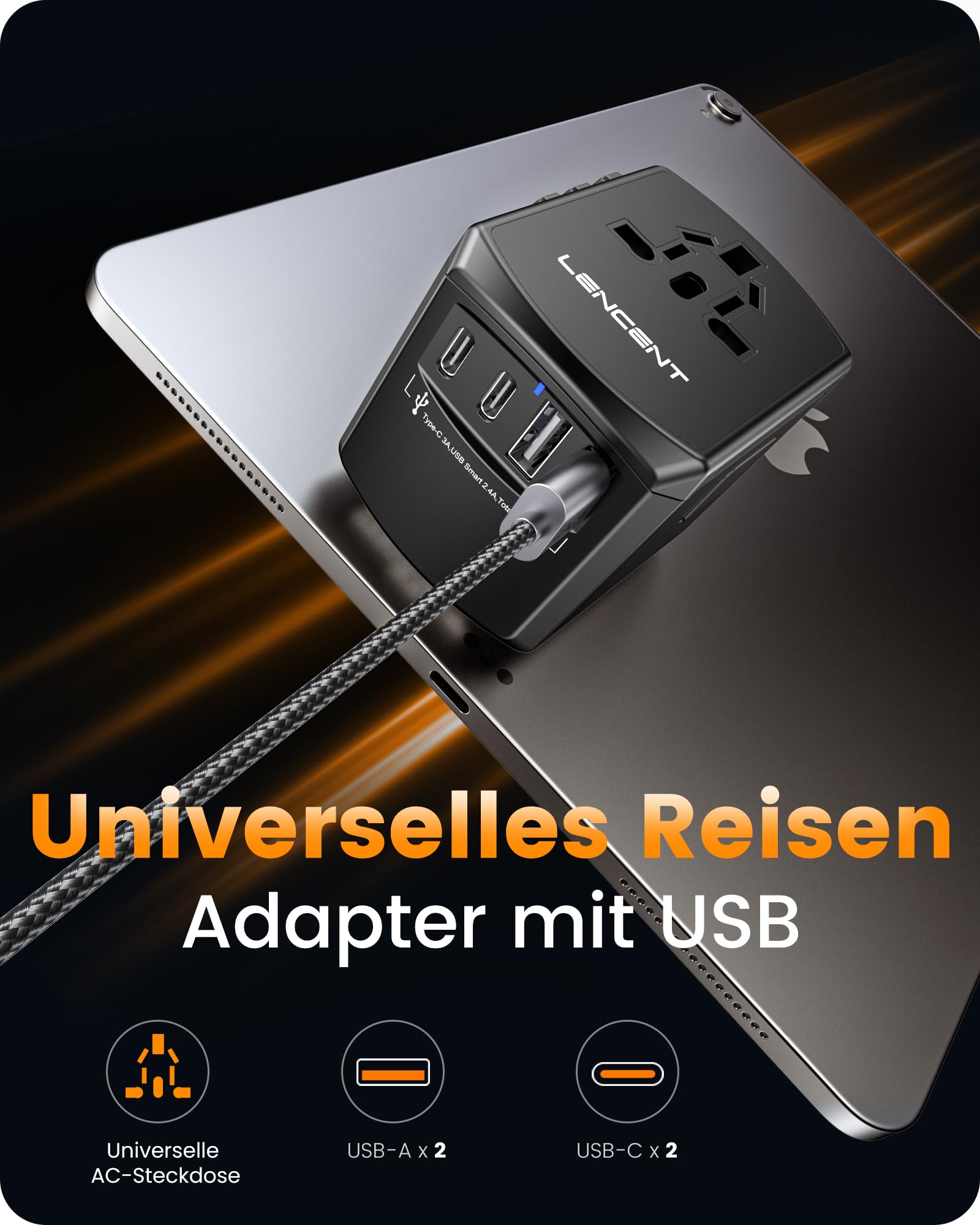 LENCENT Reiseadapter Weltweit, Universal Reisestecker Weltreise Adapter mit 2 USB A und 2 USB C, Internationaler Steckdosenadapter für Japan Thailand USA England Australien(Typ A/B/G/I/D/I/L/M/N)