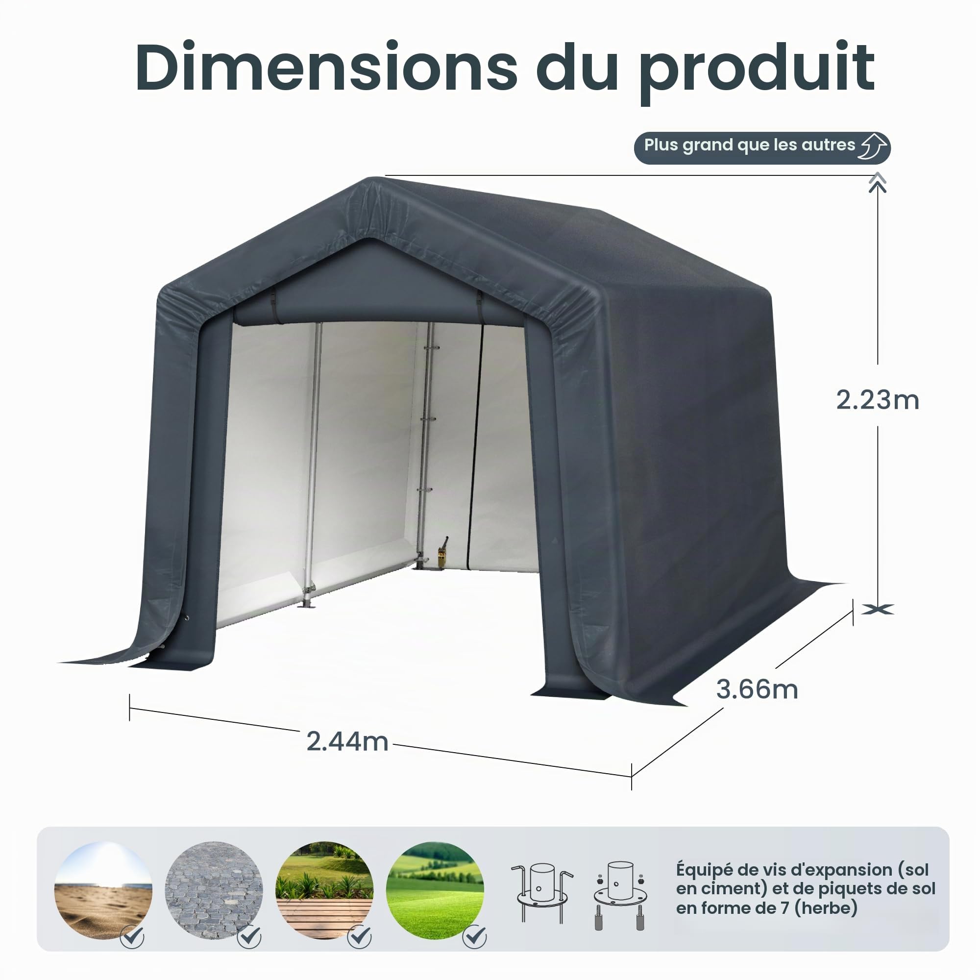 PHI VILLA Abri de jardin 2,4 x 3,7 m - Abri de rangement pour vélo et moto - En plastique - Portable - Facile à assembler - Avec 2 portes