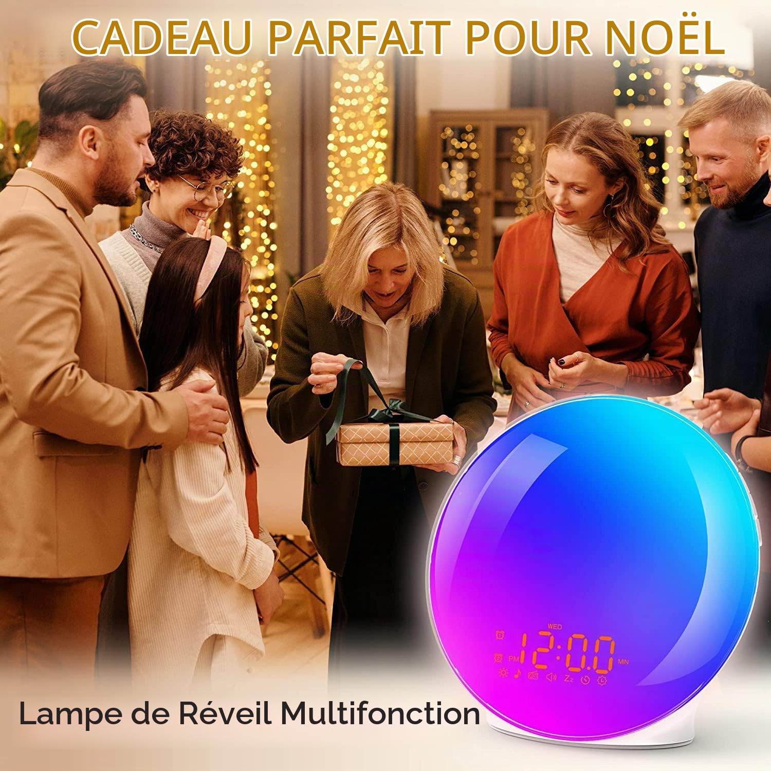 Réveil lumineux pour gros dormeurs, chambre à coucher, radio-réveil plein écran avec simulation de lever de soleil, 3 modes d'éclairage, répétition, double alarme, 8 sons naturels