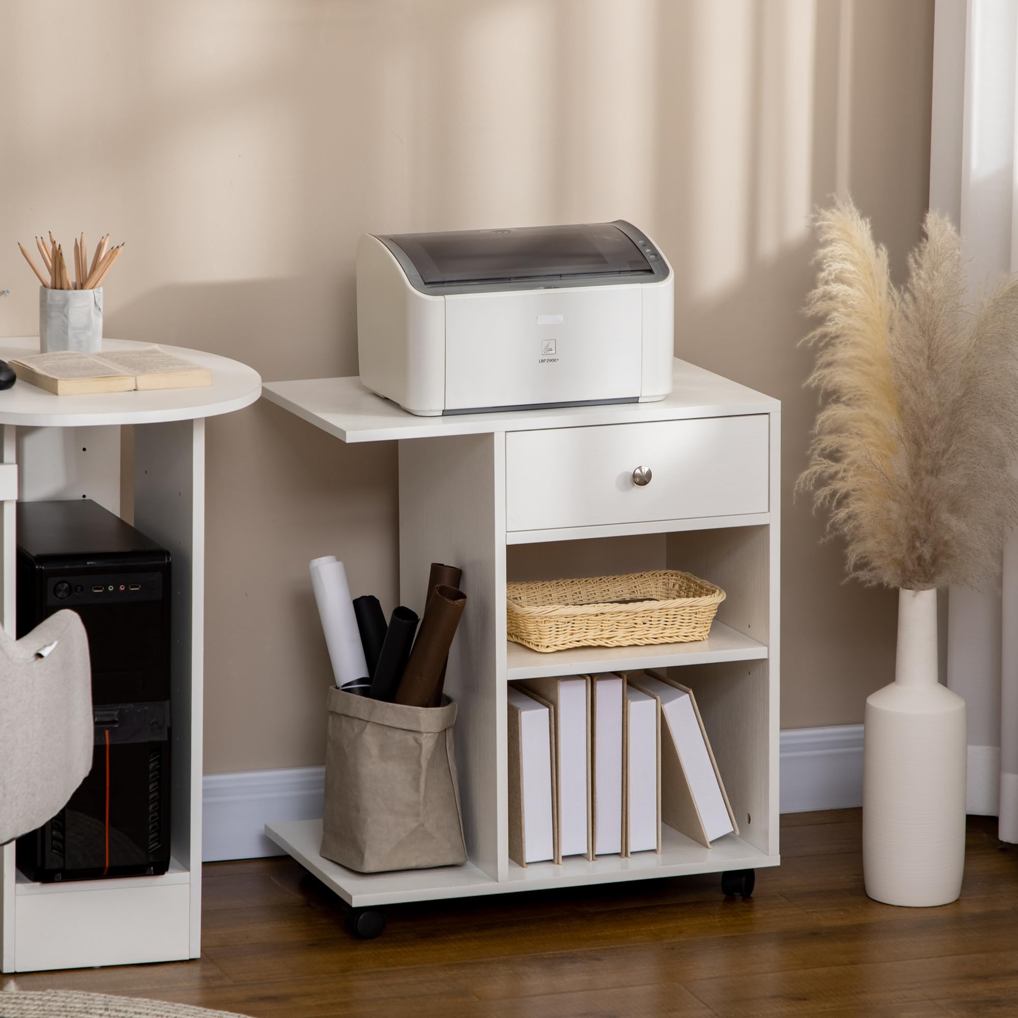 Vinsetto Armario para Impresora de Oficina Carro Multifuncional con Ruedas y Cajón 2 Compartimentos Estante Ajustable Soporte para CPU para Estudio 60x40x68,5 cm Blanco Veteado Madera