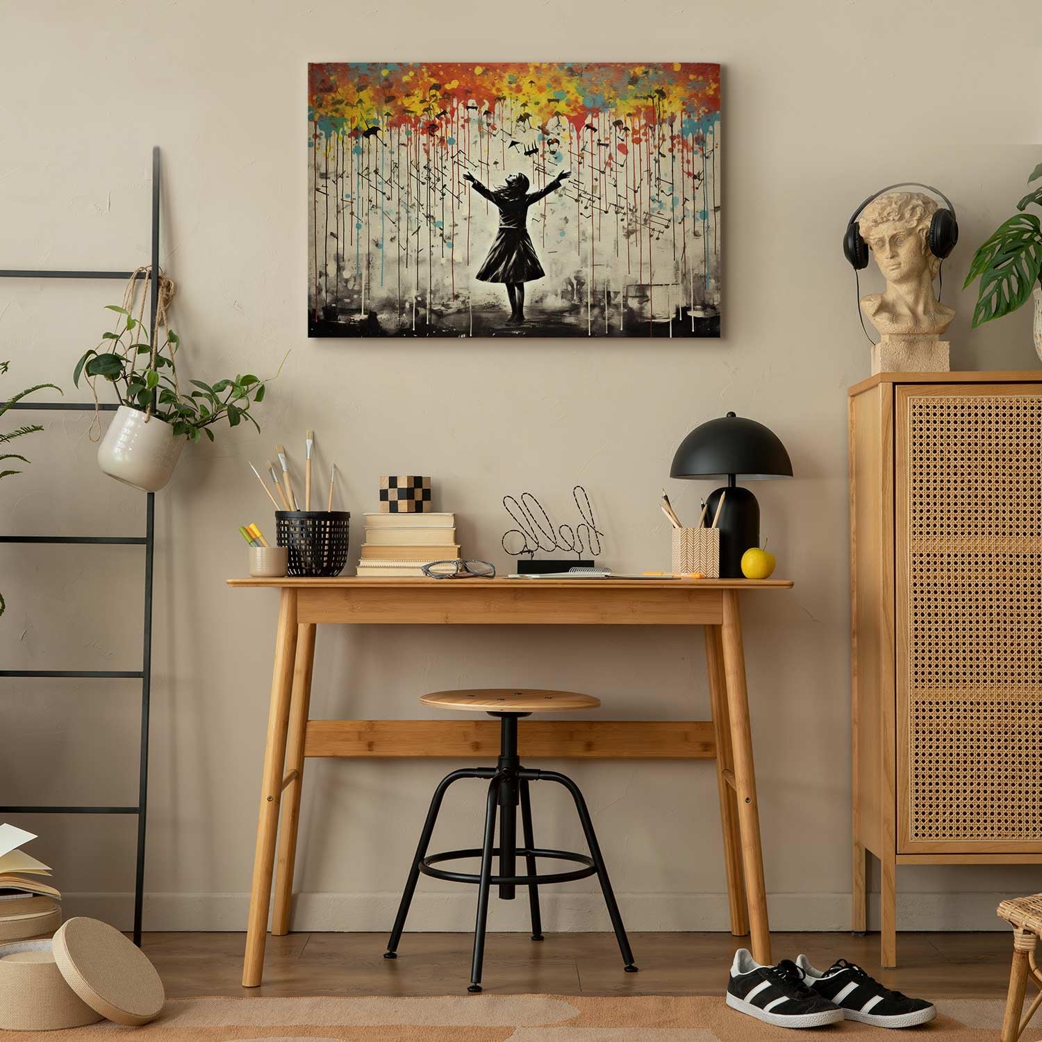 murando - Cuadro en Lienzo Banksy 120x80 cm Impresión de 1 Pieza | Tejido no Tejido Artística Imagen Gráfica Decoracion de Pared Estructura - Chicas abstractas en una canción lluviosa