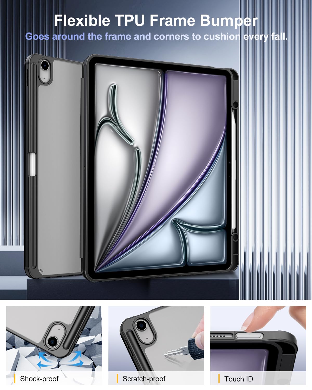 TiMOVO Custodia per Nuovo iPad Air 13 Pollici (M3/M2-2025/2024) con Portapenne, Cover Protettiva per iPad Air 13 con Supporto Pieghevole & Retro Trasparente, Auto Sveglia/Sonno, Nero