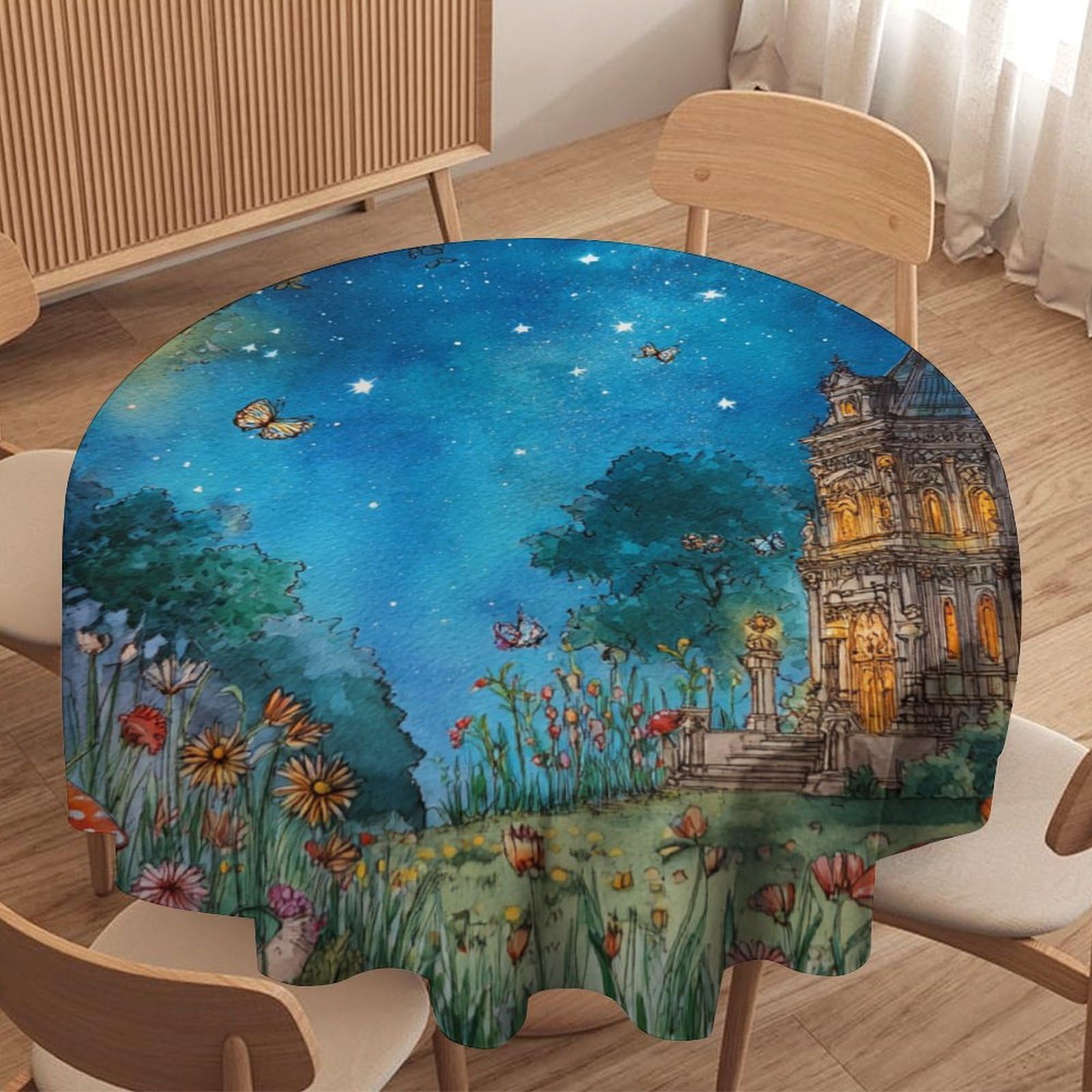 LUYYSKY Vintage Classic Enchanted Forest Waterproof Round Tablecloth Fantasy Watercolor Galaxy Fairy House Mushroom Animal Butterfly Washable Table Cover for Kitchen-152.4" Wx152.4 L cm